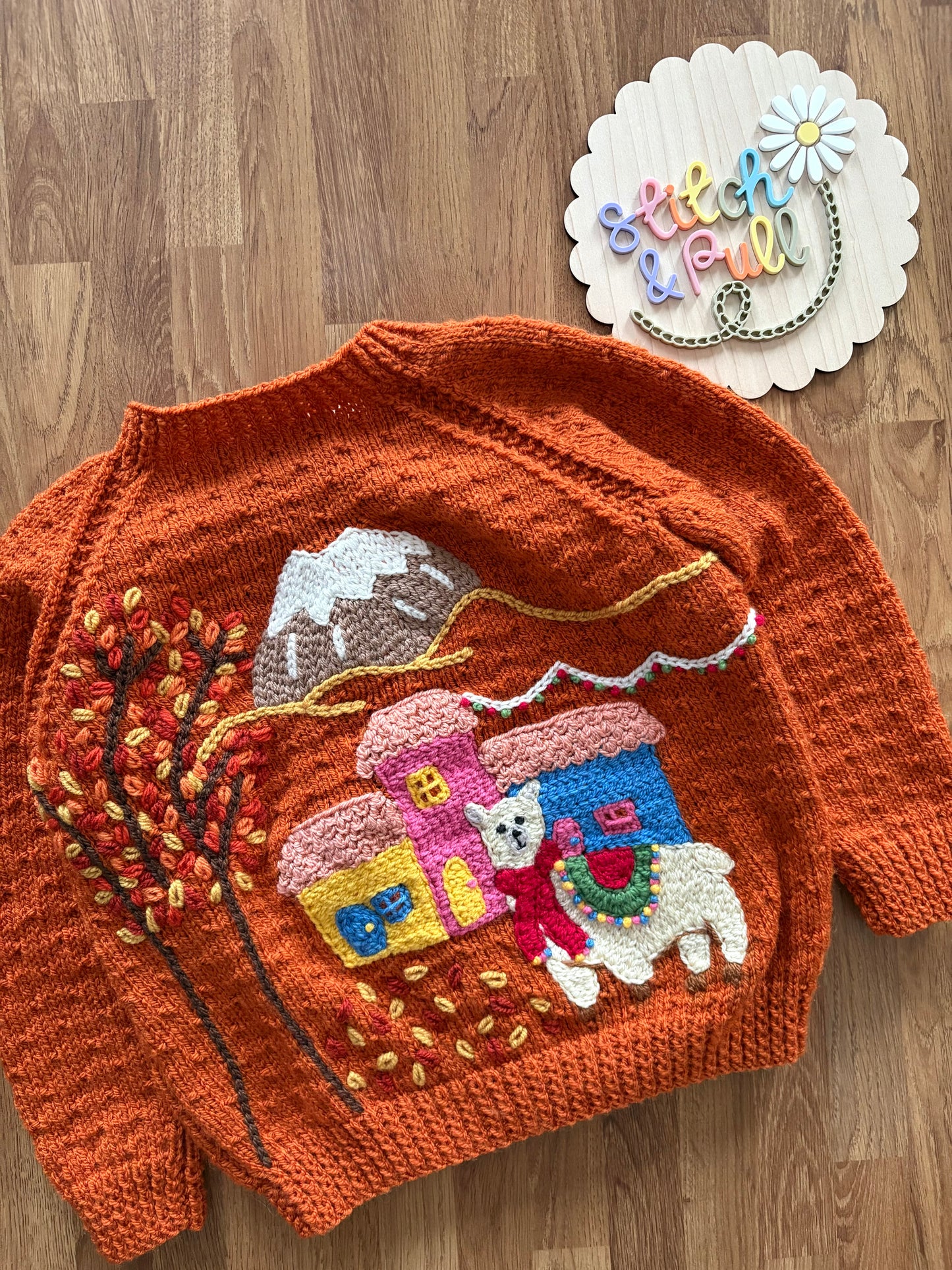 Pre-made Knitted Rust Autumn Llama Cardigan - Size 2-3 years