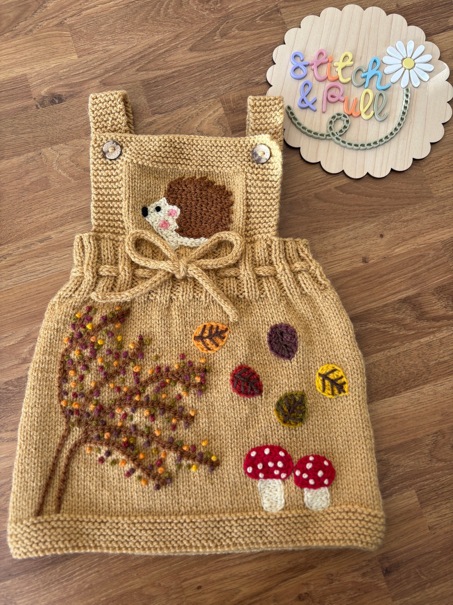 Pre-made Knitted Mustard Autumn Hedgehog Pinafore Dress - Size 3-6 months