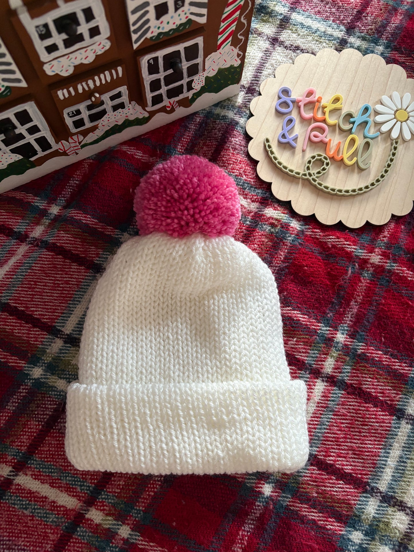 Personalisable knits - 12-18 months sparkle white hat with pom pom