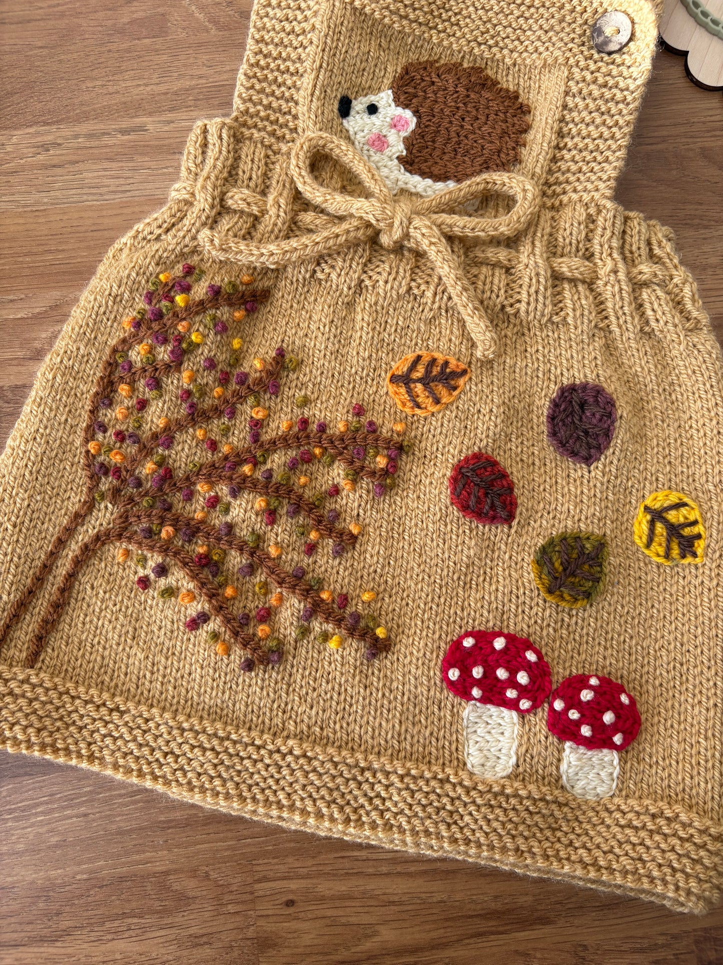 Pre-made Knitted Mustard Autumn Hedgehog Pinafore Dress - Size 3-6 months