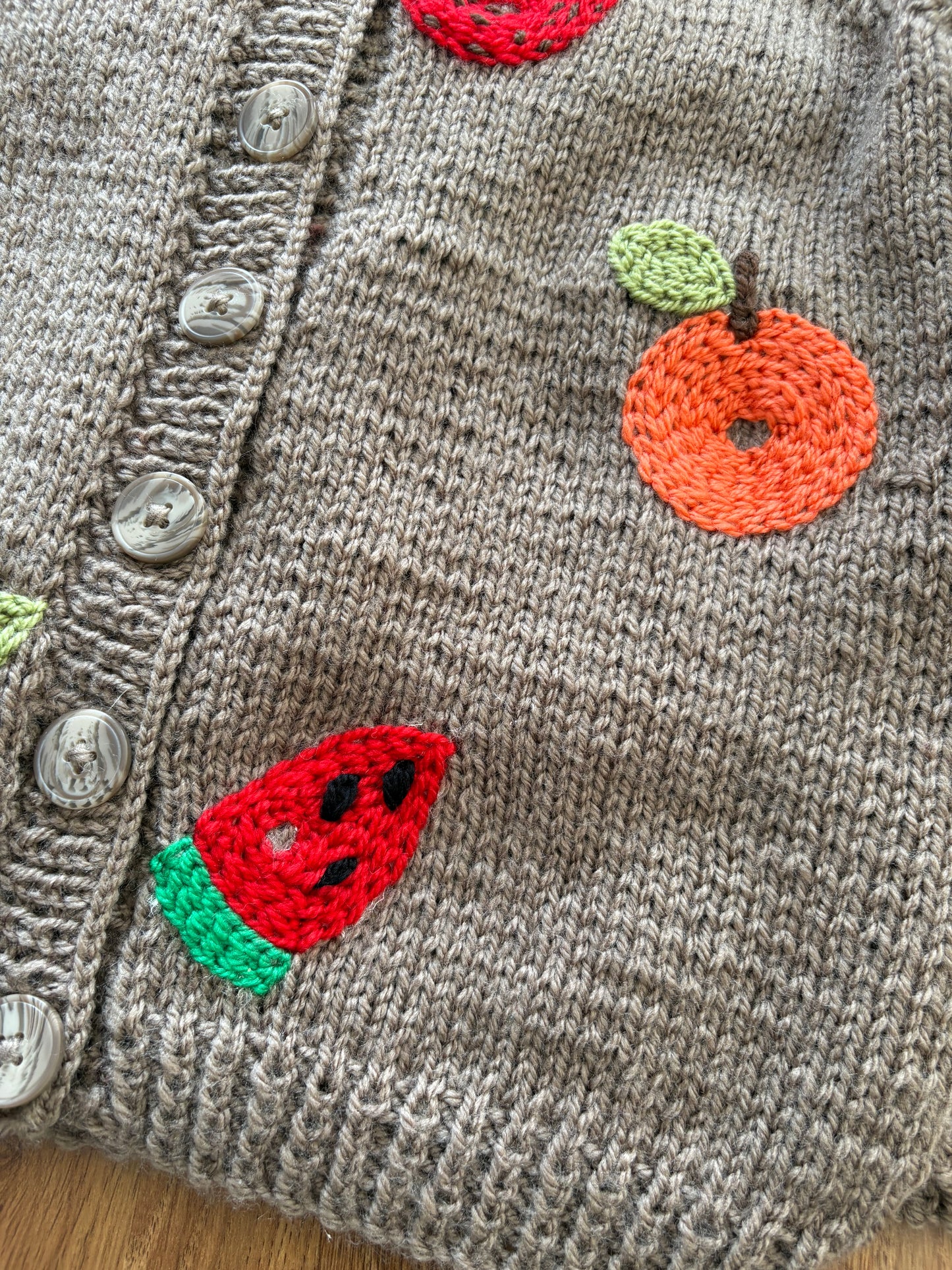 Pre-made Knitted Hungry Caterpillar picnic Cardigan - Size 3-4 years