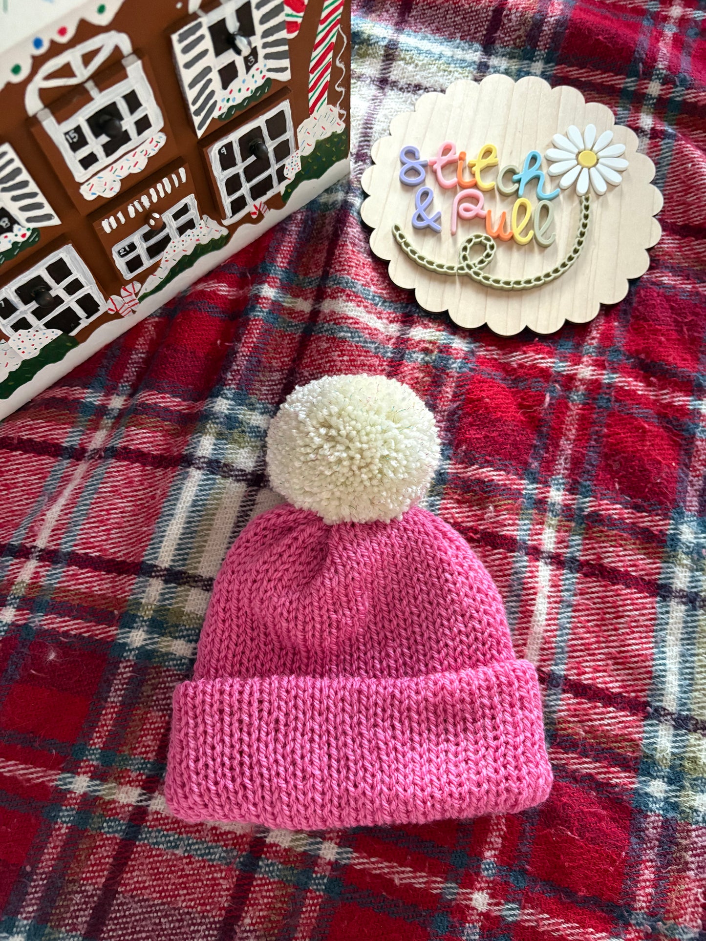 Personalisable knits - 6-12 months pink hat with pom pom