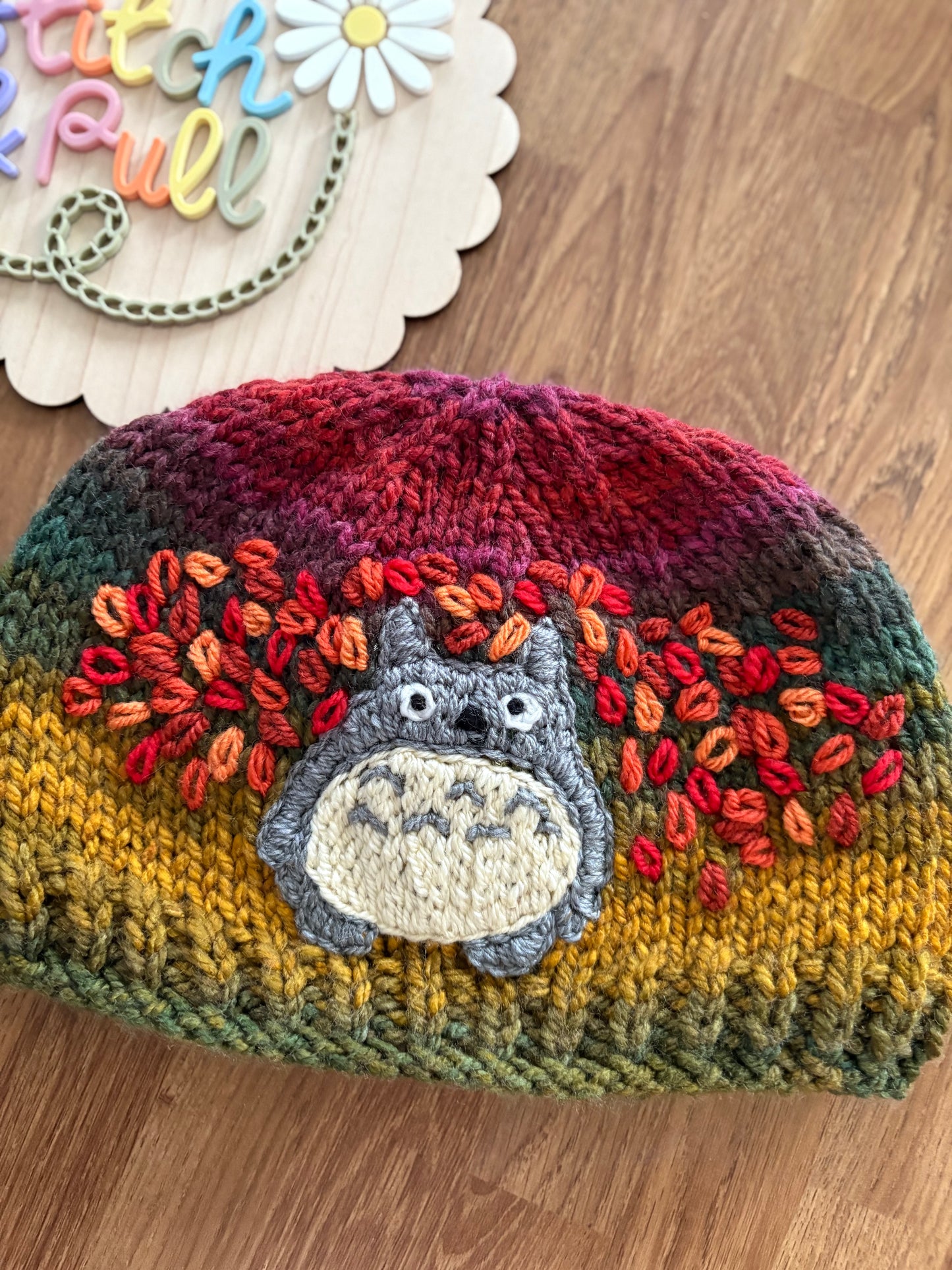 Pre-made Knitted Autumn Totoro Hat - Size 18-24 months