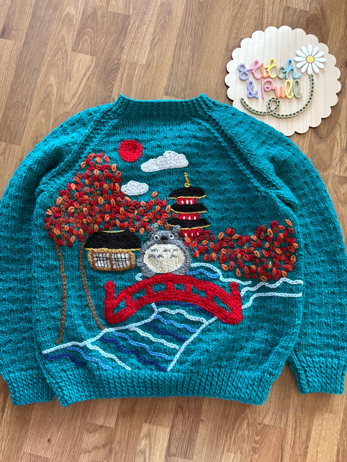Pre-made Knitted Blue Autumn Totoro Cardigan - Size 3-4 years
