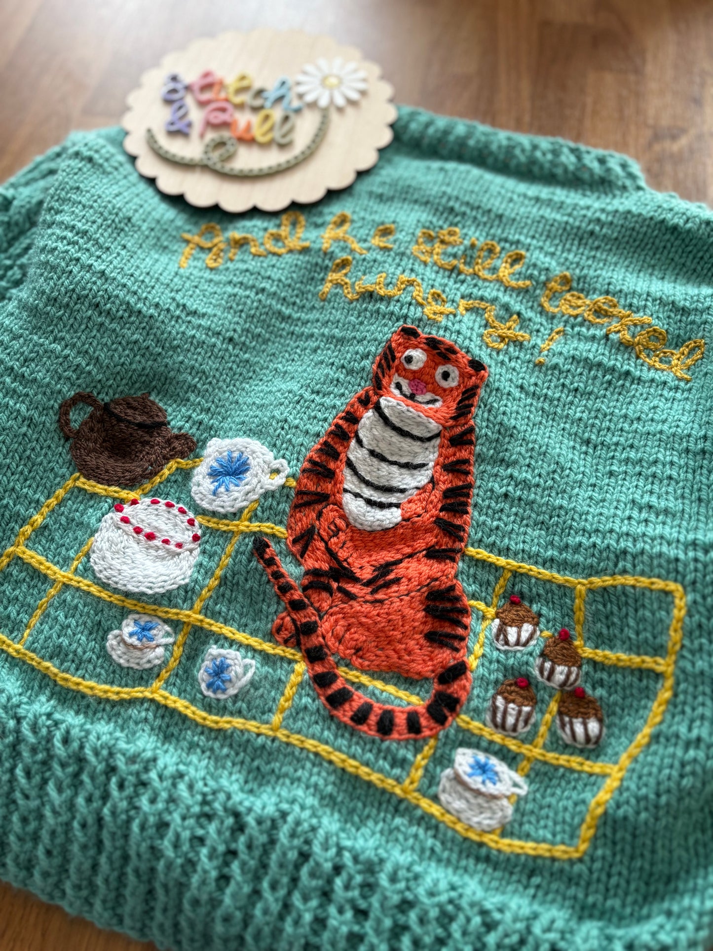 Pre-made Knitted Tiger who came to tea Picnic Cardigan - Size 4-5 years