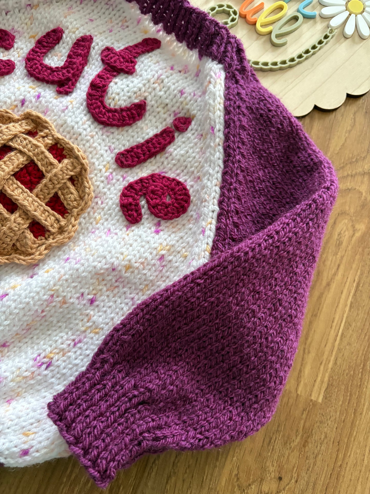 Pre-made Knitted Purple and cream speckle Cutie Pie Cardigan - Size 3-6 months