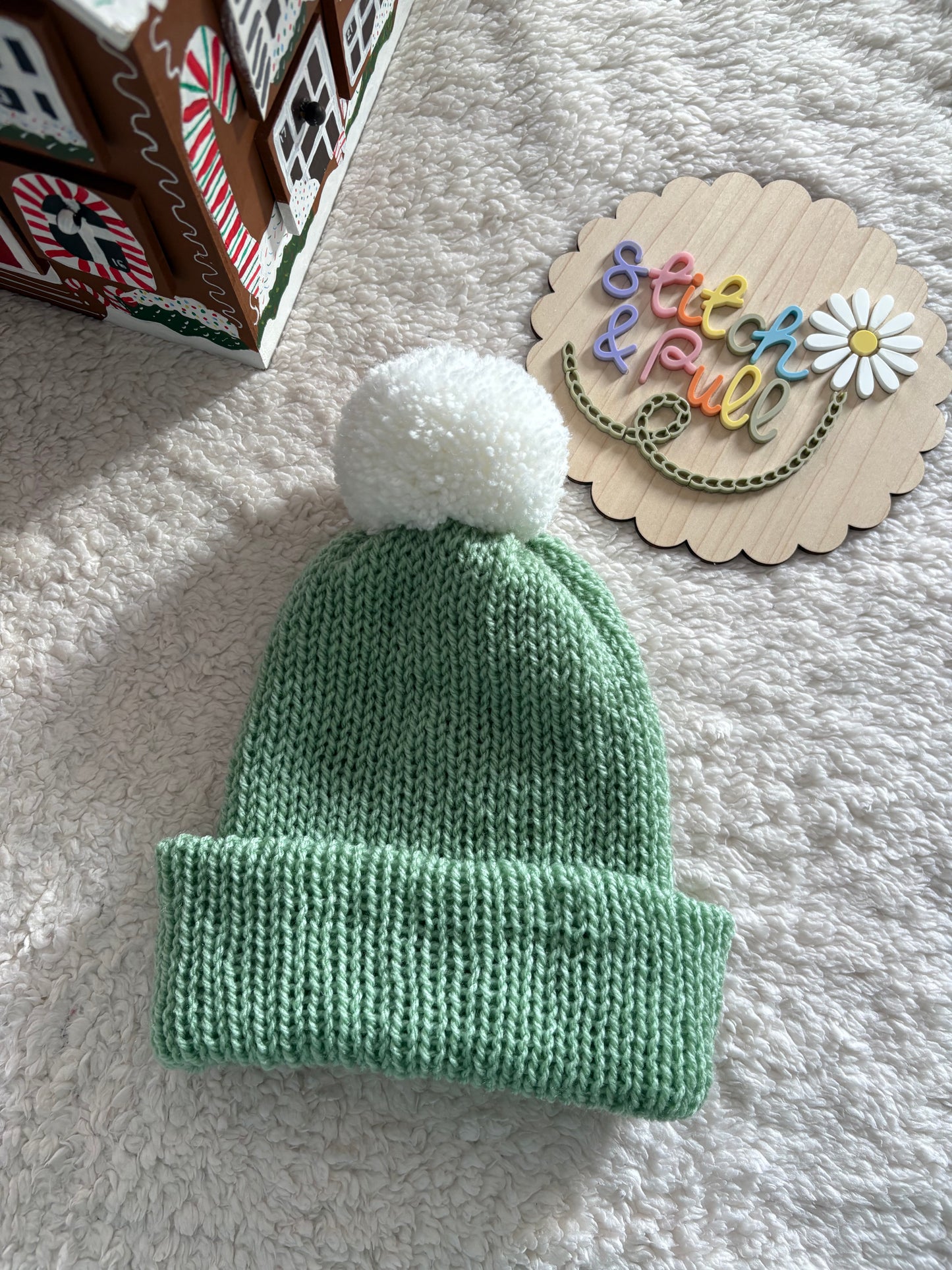 Personalisable knits - 18 months - 3 years mint green hat with pom pom