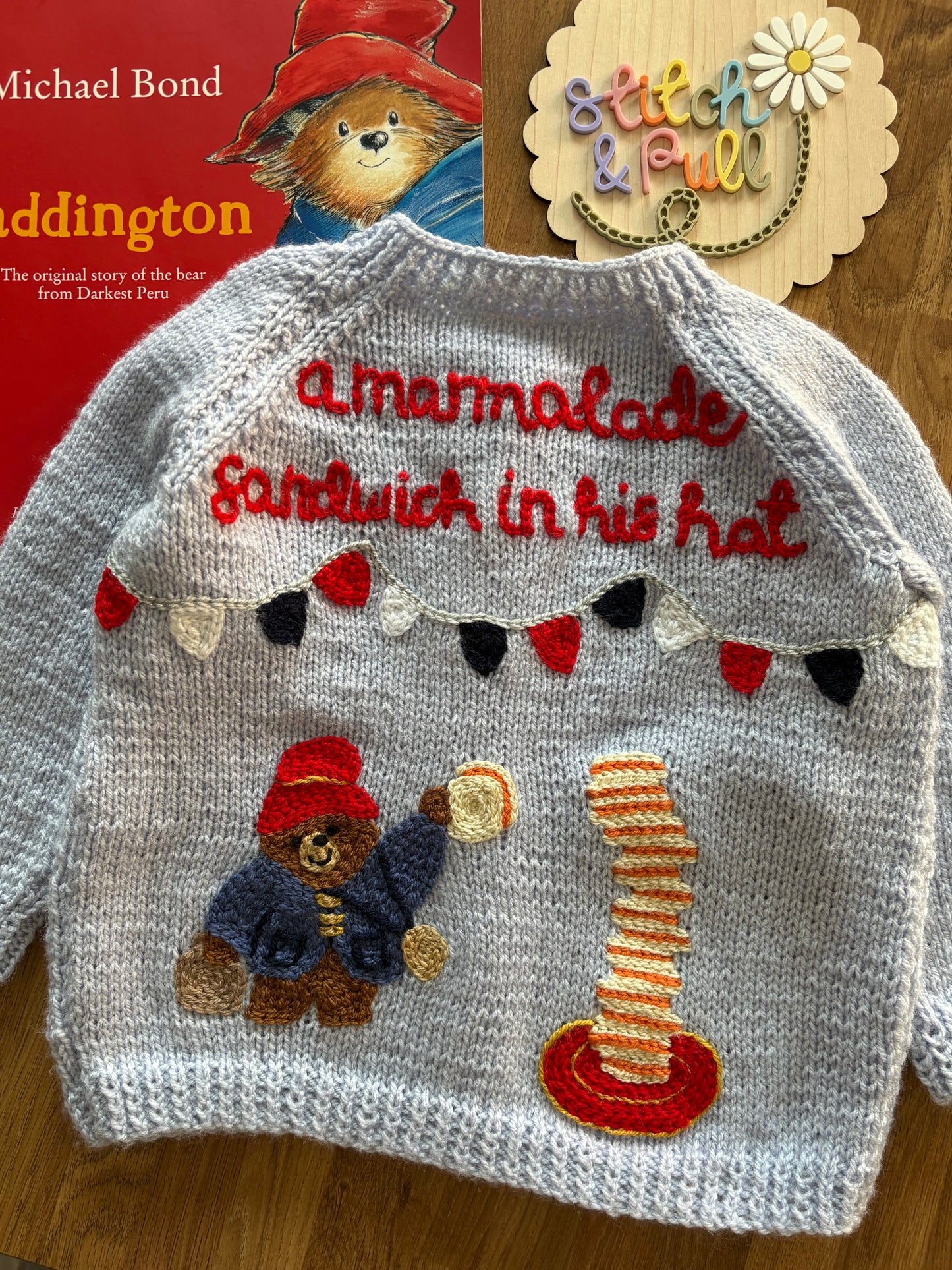Pre-made Knitted Paddington picnic Cardigan - Size 2-3 years