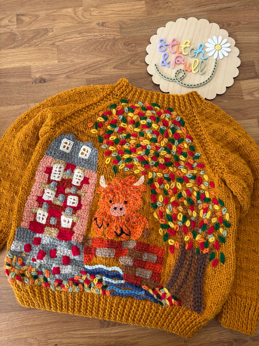 Pre-made Knitted Mustard Autumn Highland Cow Cardigan - Size 18-24 months