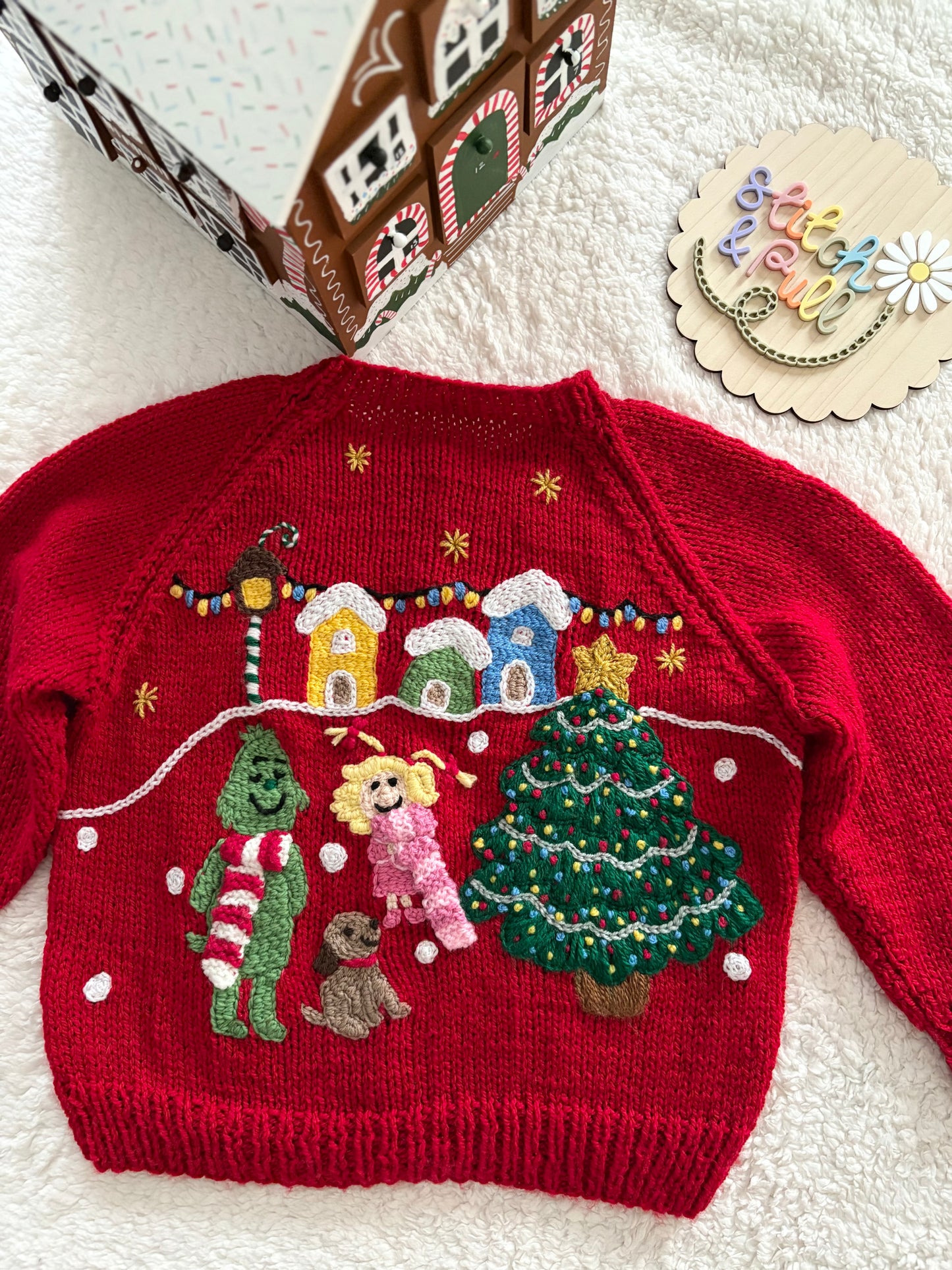 Pre-made Knitted Christmas Red Cardigan with Grinch Whoville Scene - Size 4-5 years