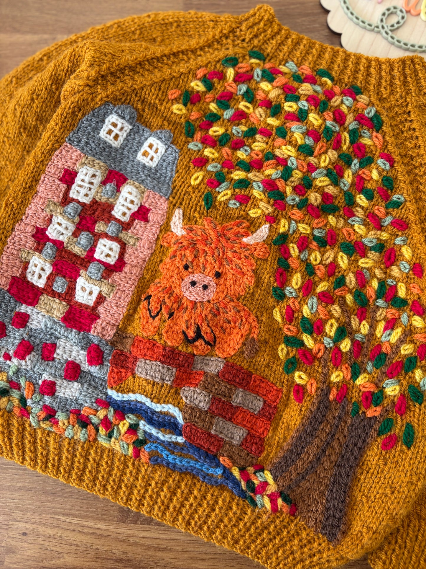Pre-made Knitted Mustard Autumn Highland Cow Cardigan - Size 18-24 months