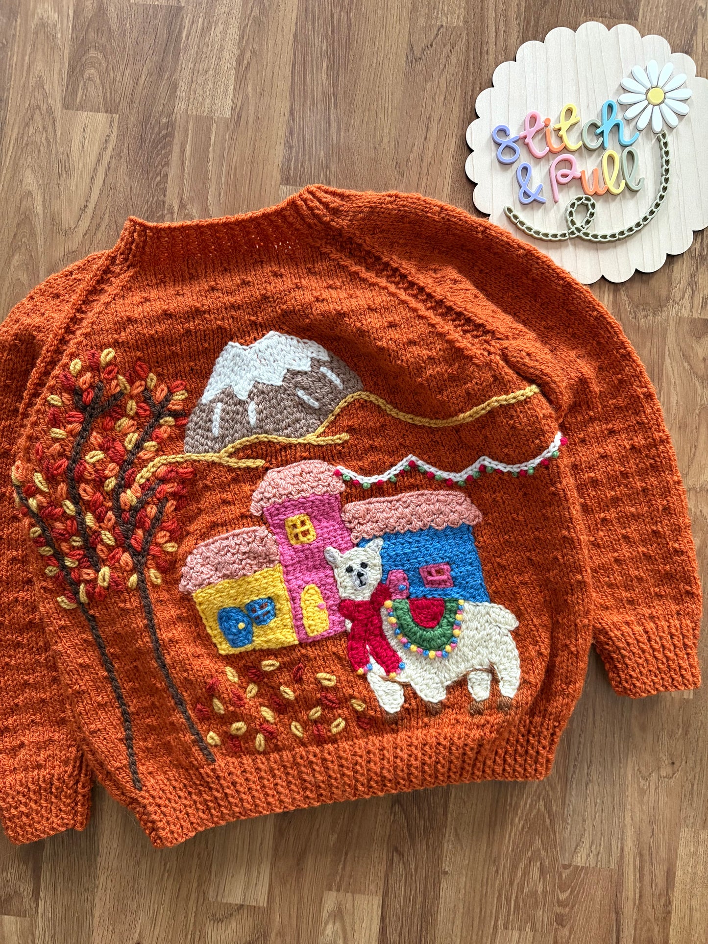 Pre-made Knitted Rust Autumn Llama Cardigan - Size 2-3 years