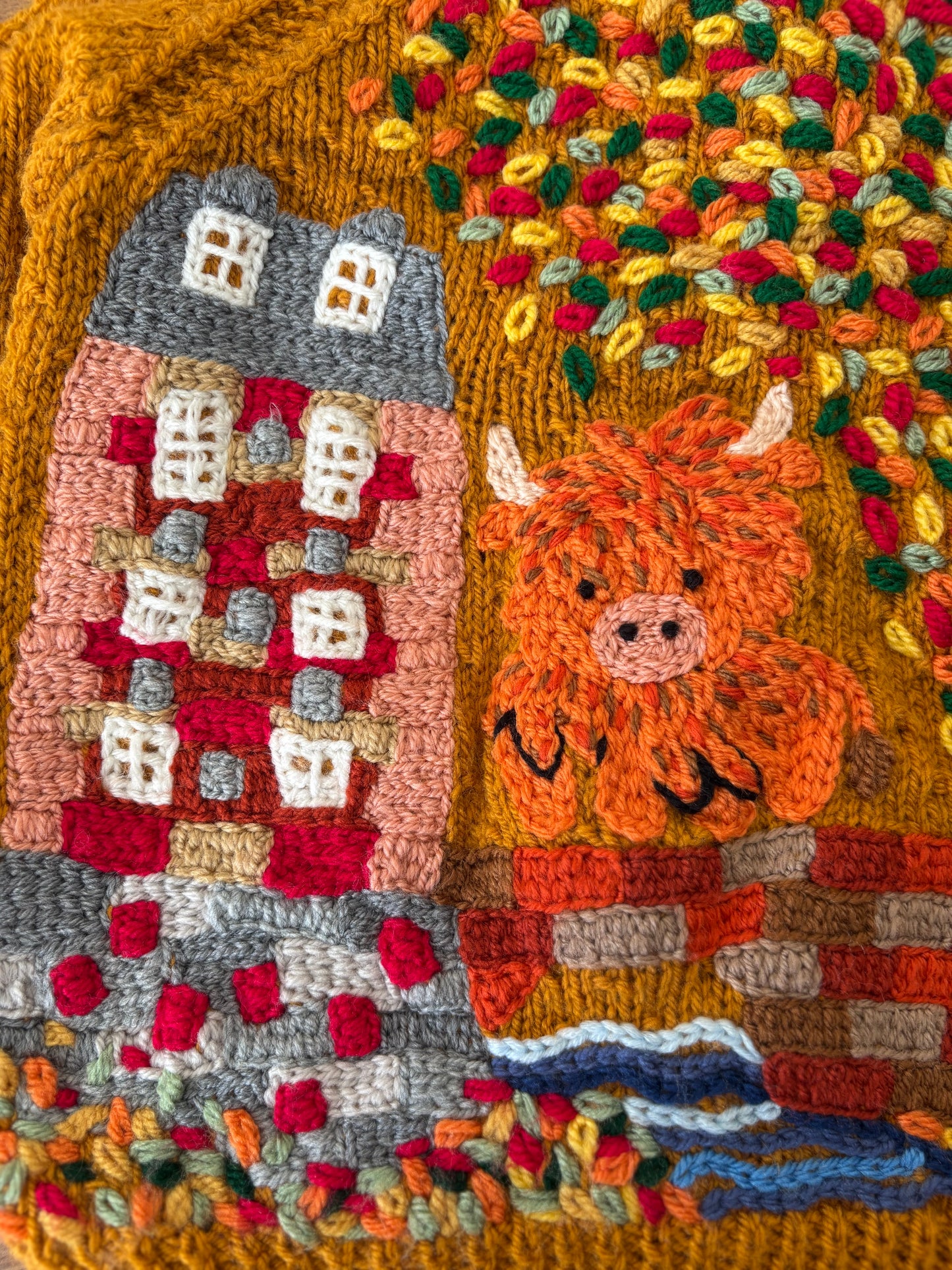 Pre-made Knitted Mustard Autumn Highland Cow Cardigan - Size 18-24 months