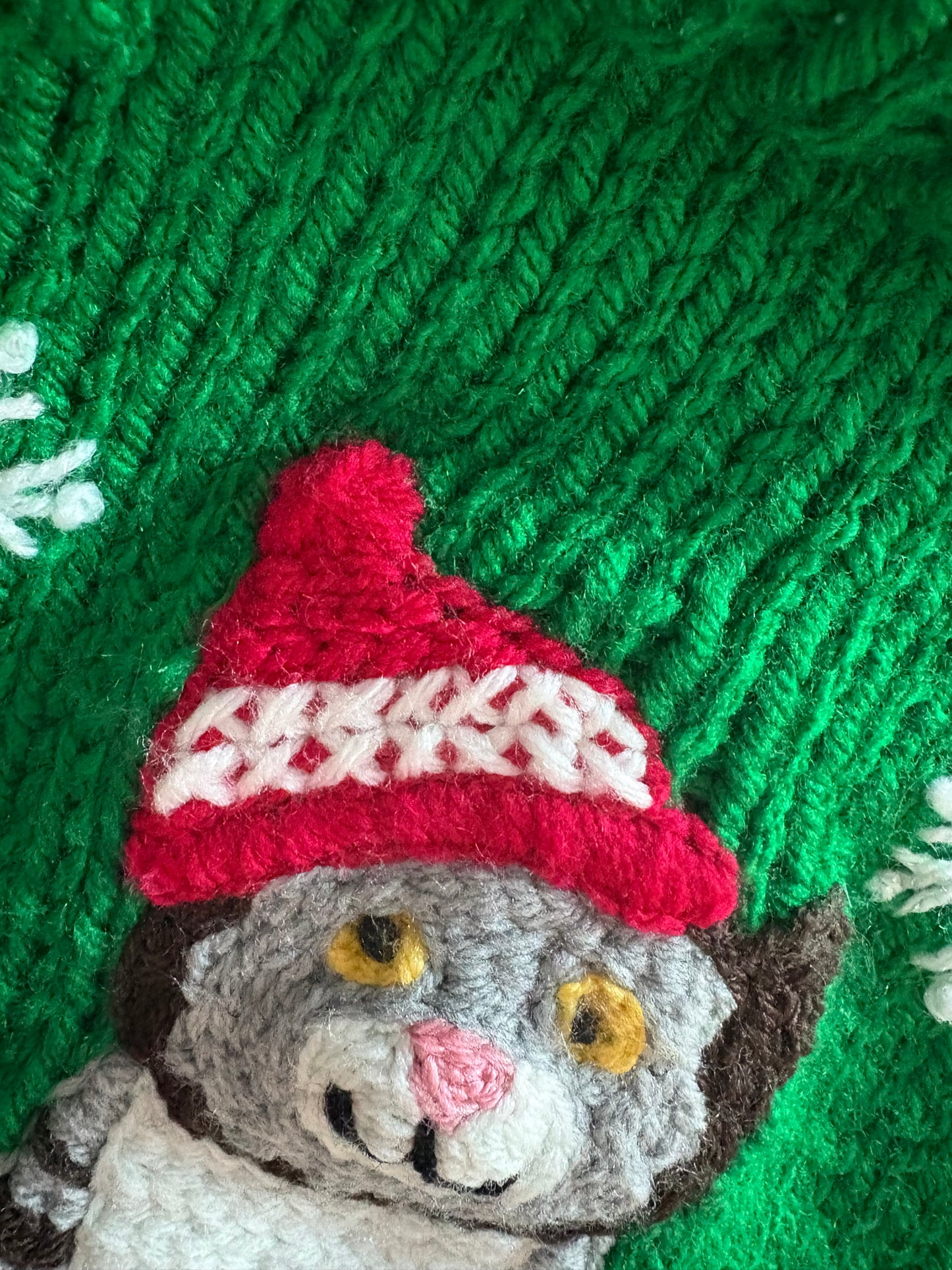 Pre-made Knitted Christmas Chunky Green Cardigan with Mog and Snowflakes Scene - Size 12-18 months