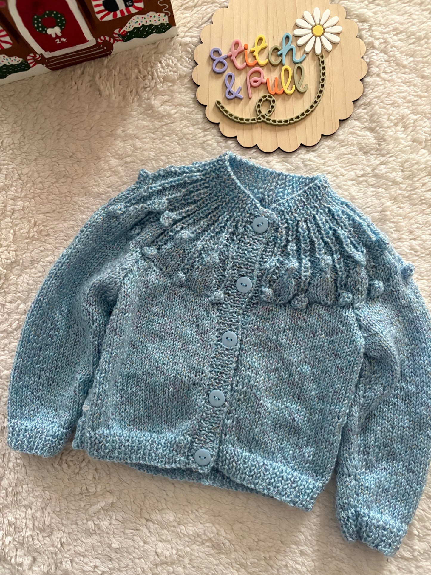 Pre-made Knitted Blue Sparkle Christmas Cardigan with Beatrix Potter Christmas Scene - Size 12-18 months