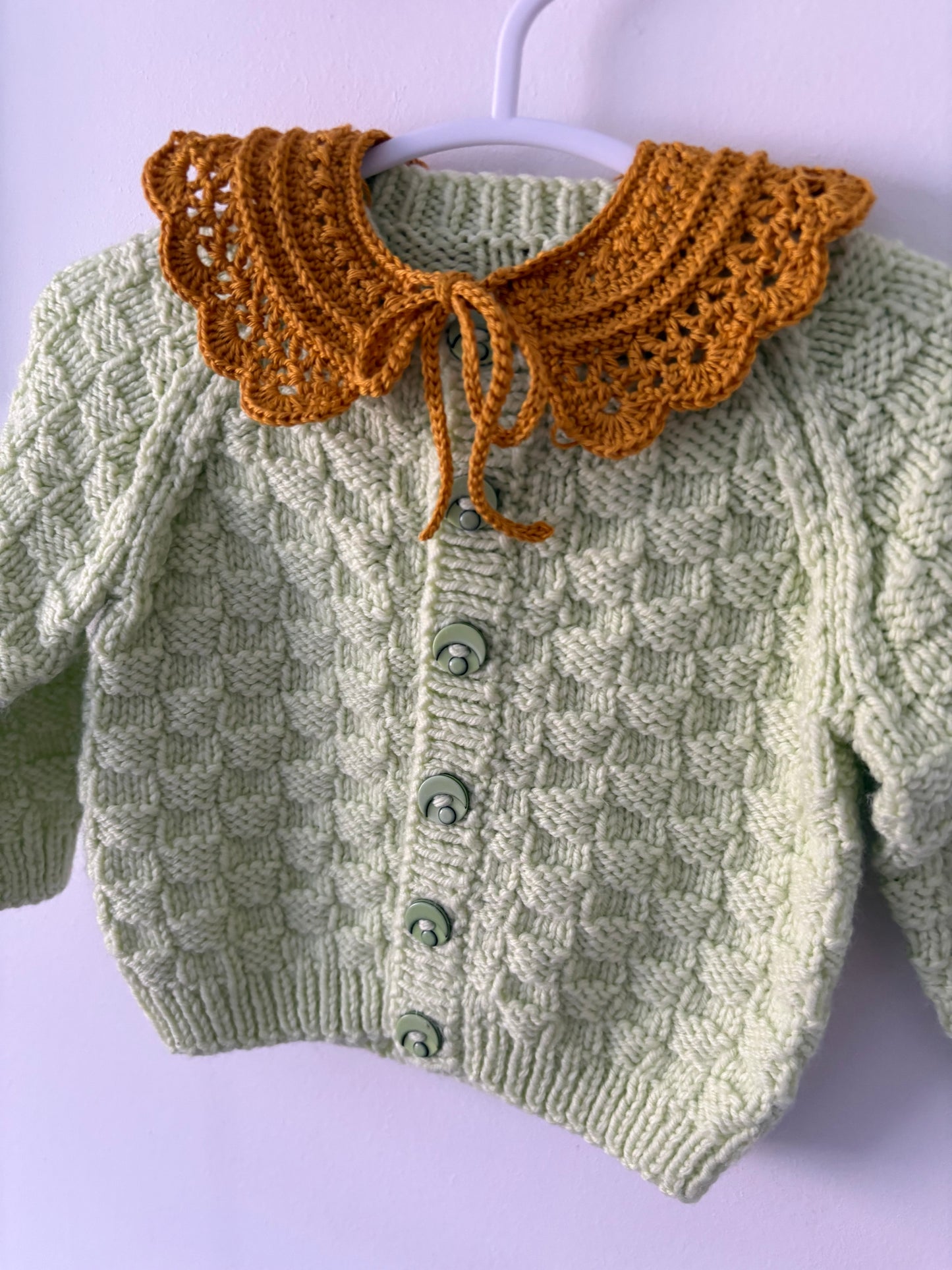 Personalisable knits - 3-6 month green cardigan with gold crochet collar