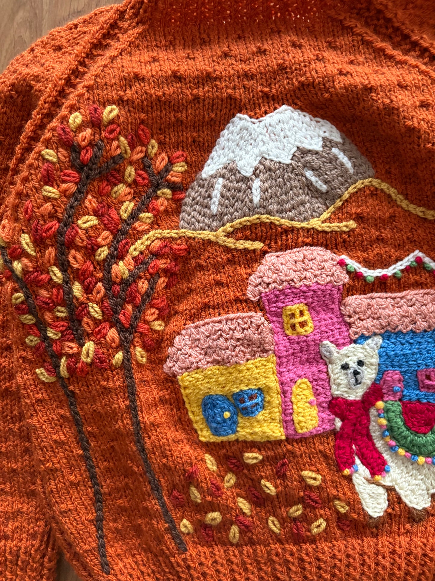 Pre-made Knitted Rust Autumn Llama Cardigan - Size 2-3 years