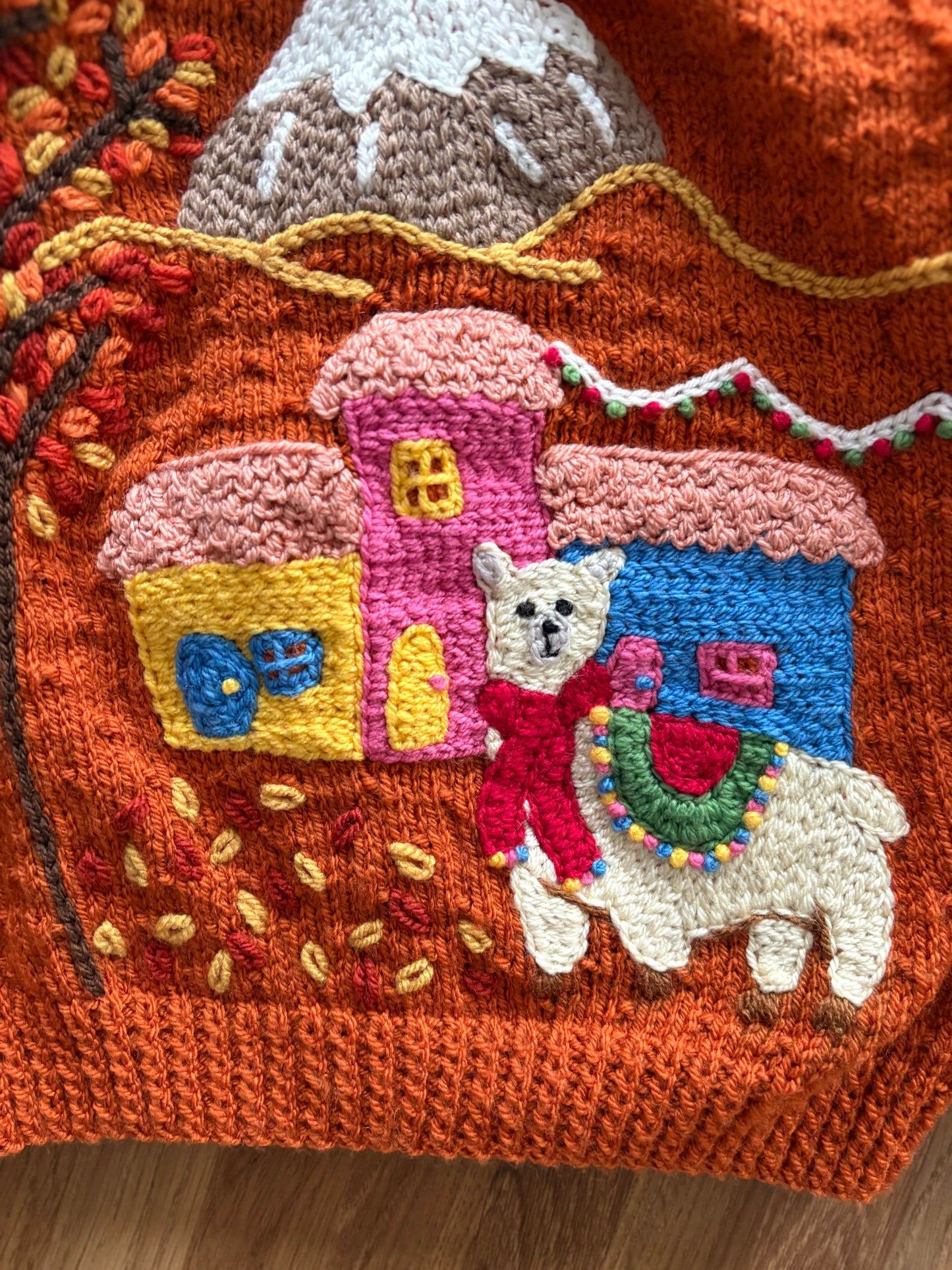 Pre-made Knitted Rust Autumn Llama Cardigan - Size 2-3 years
