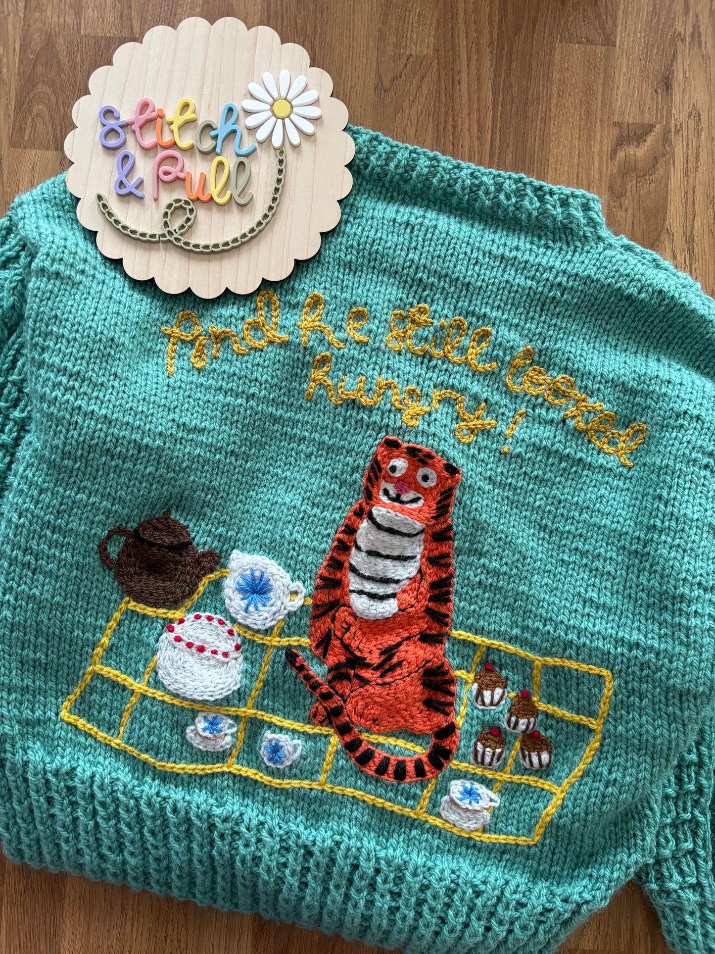 Pre-made Knitted Tiger who came to tea Picnic Cardigan - Size 4-5 years