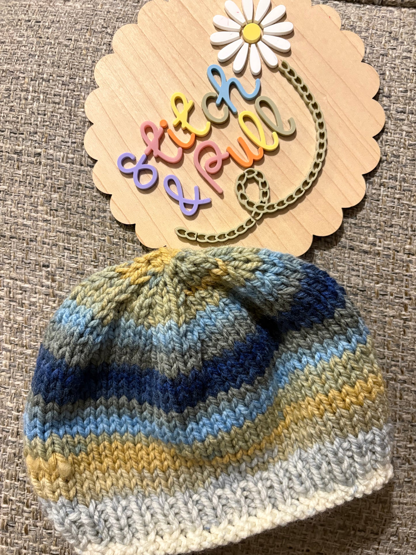 Personalisable knits - 18-24 months yellow/blue/grey hat