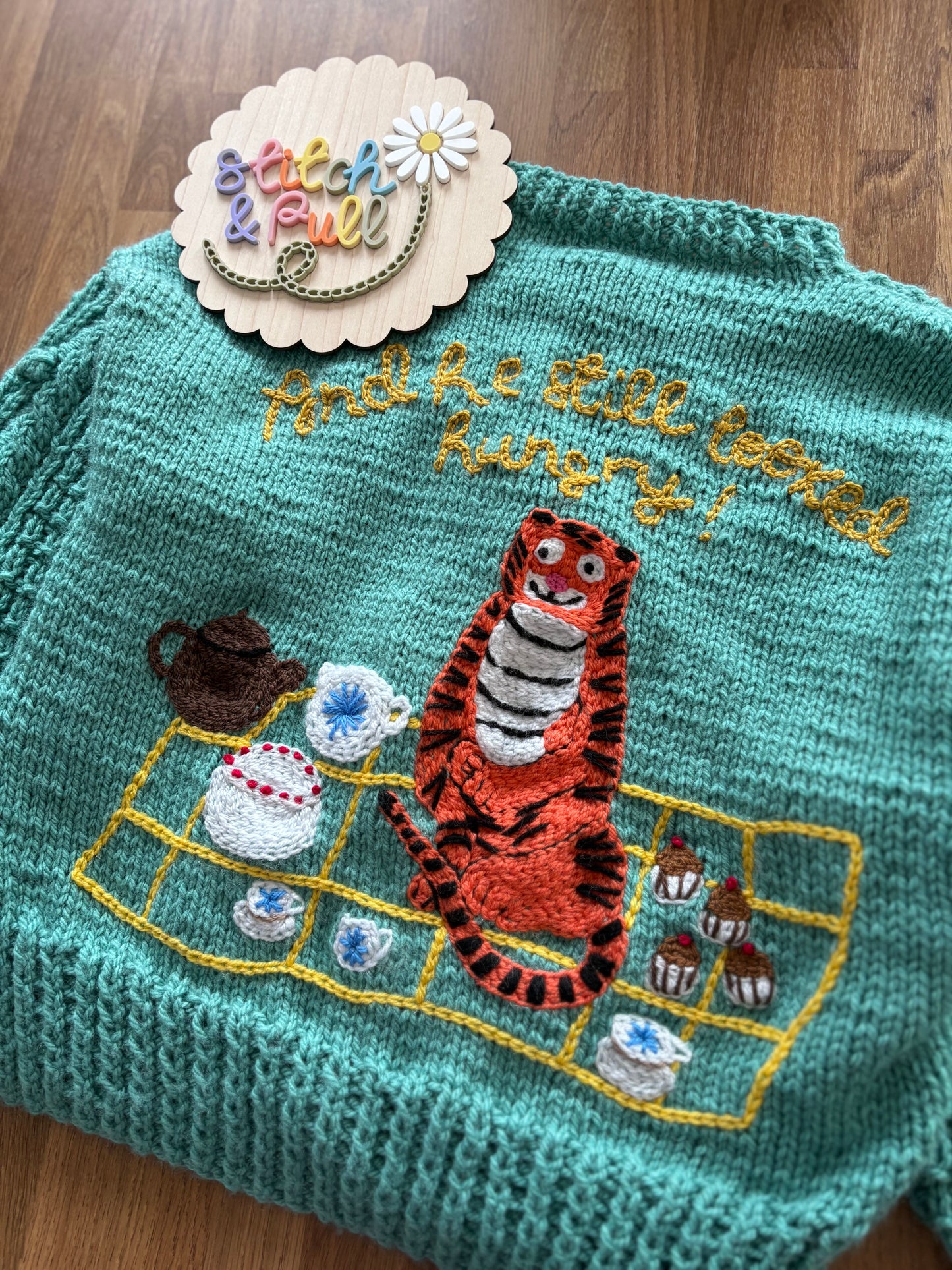 Pre-made Knitted Tiger who came to tea Picnic Cardigan - Size 4-5 years