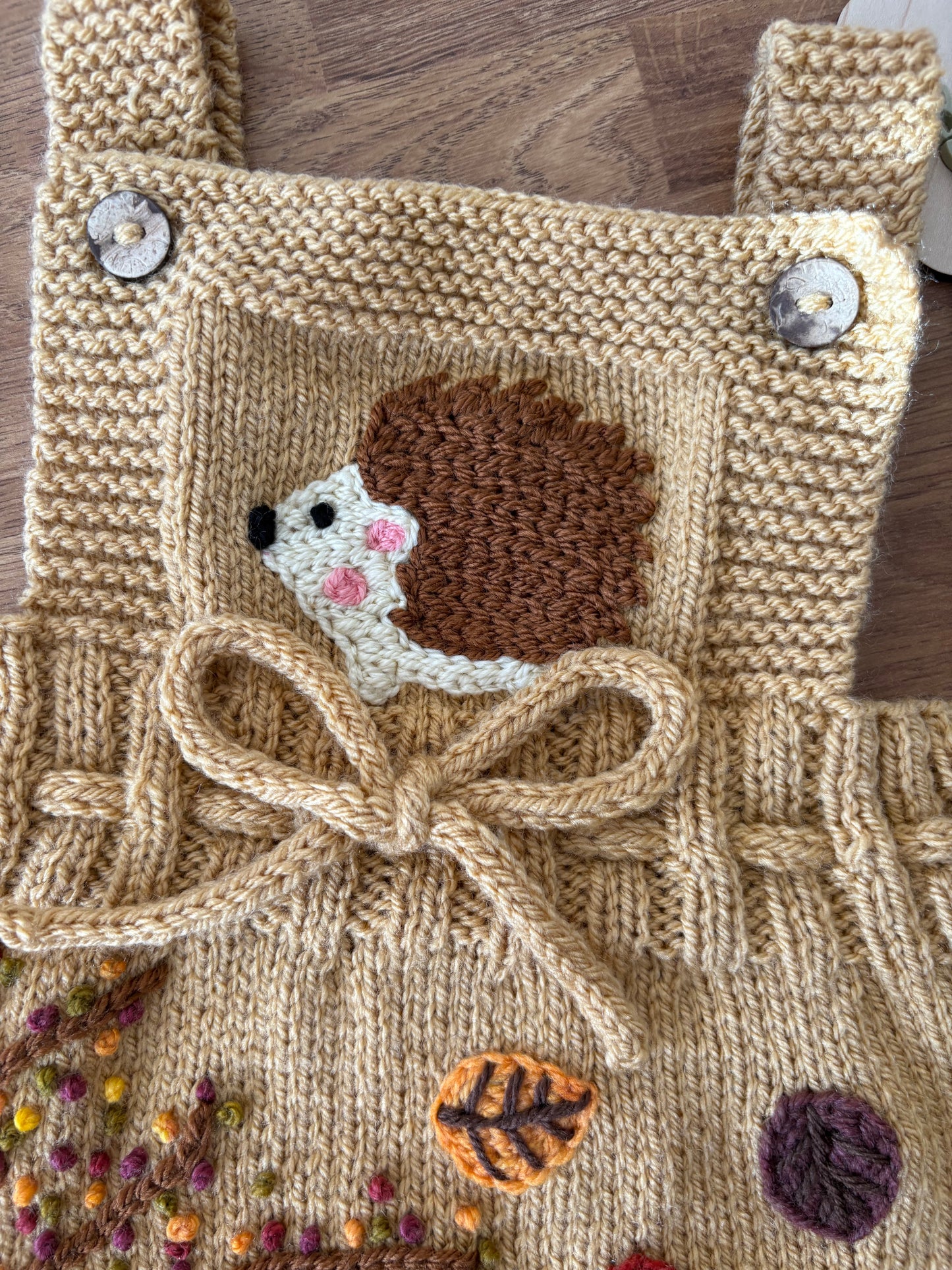 Pre-made Knitted Mustard Autumn Hedgehog Pinafore Dress - Size 3-6 months