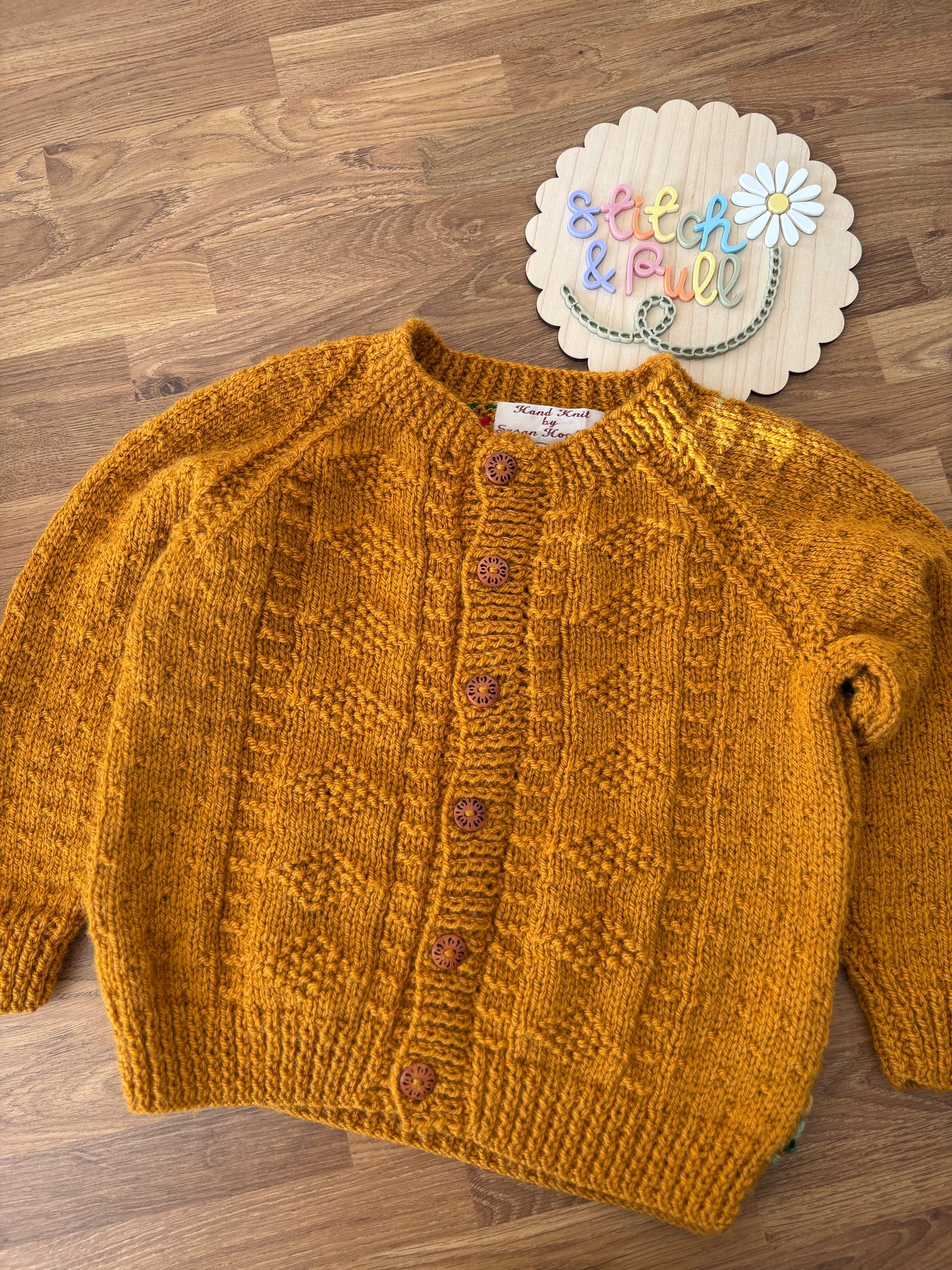 Pre-made Knitted Mustard Autumn Highland Cow Cardigan - Size 18-24 months