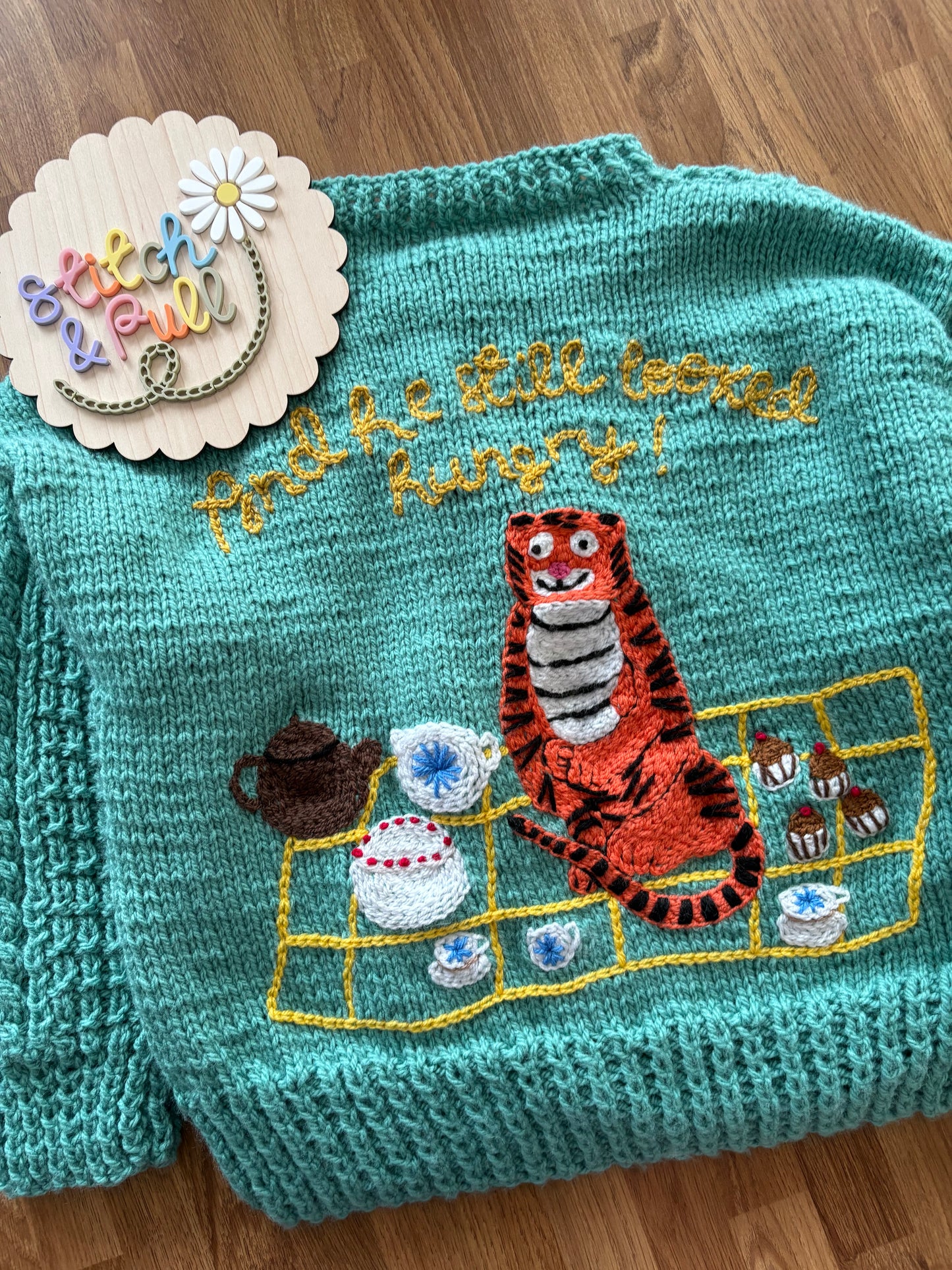 Pre-made Knitted Tiger who came to tea Picnic Cardigan - Size 4-5 years