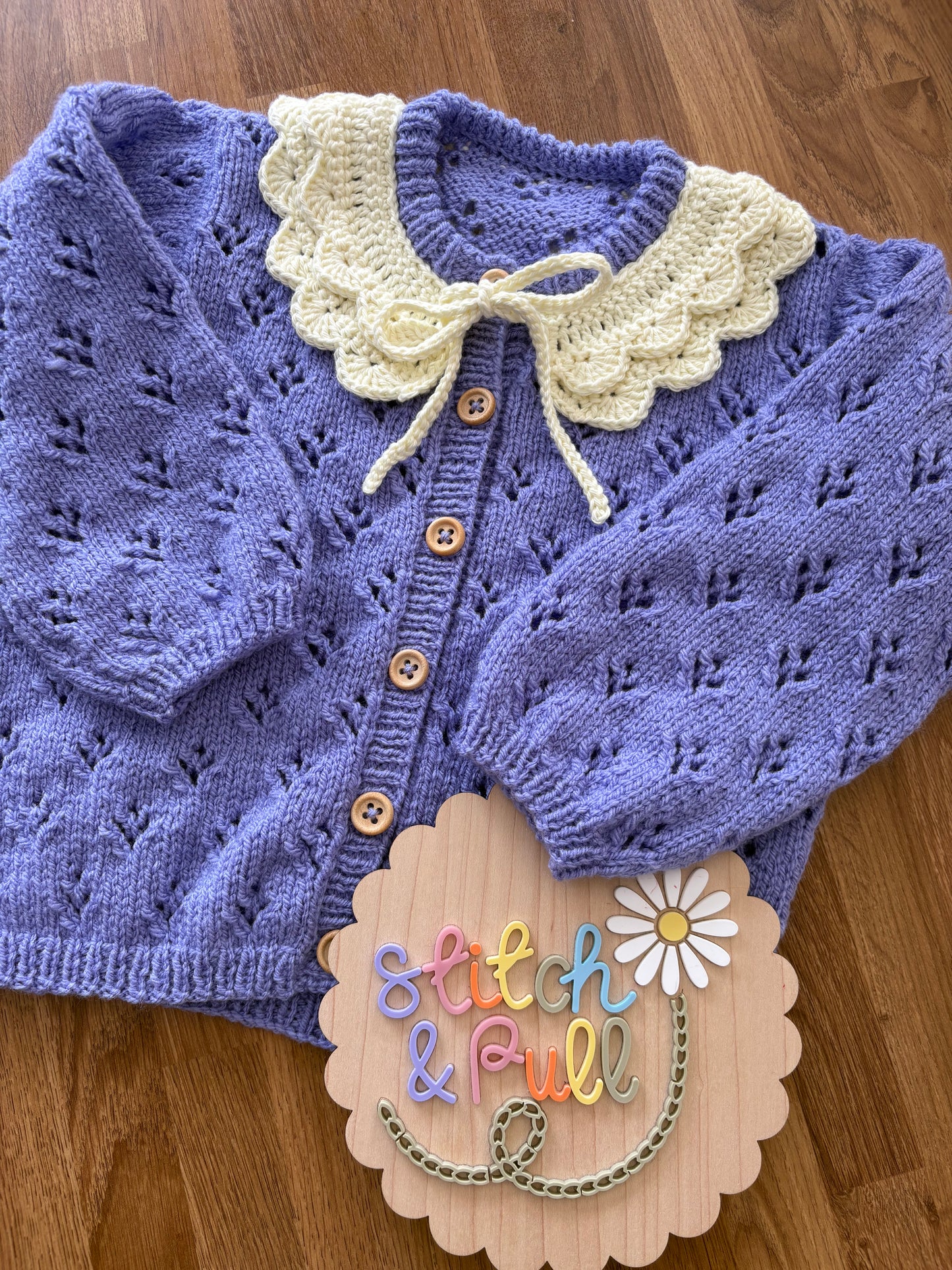 Personalisable knits - Lavender Cardigan with cream crochet collar - 2-3 years