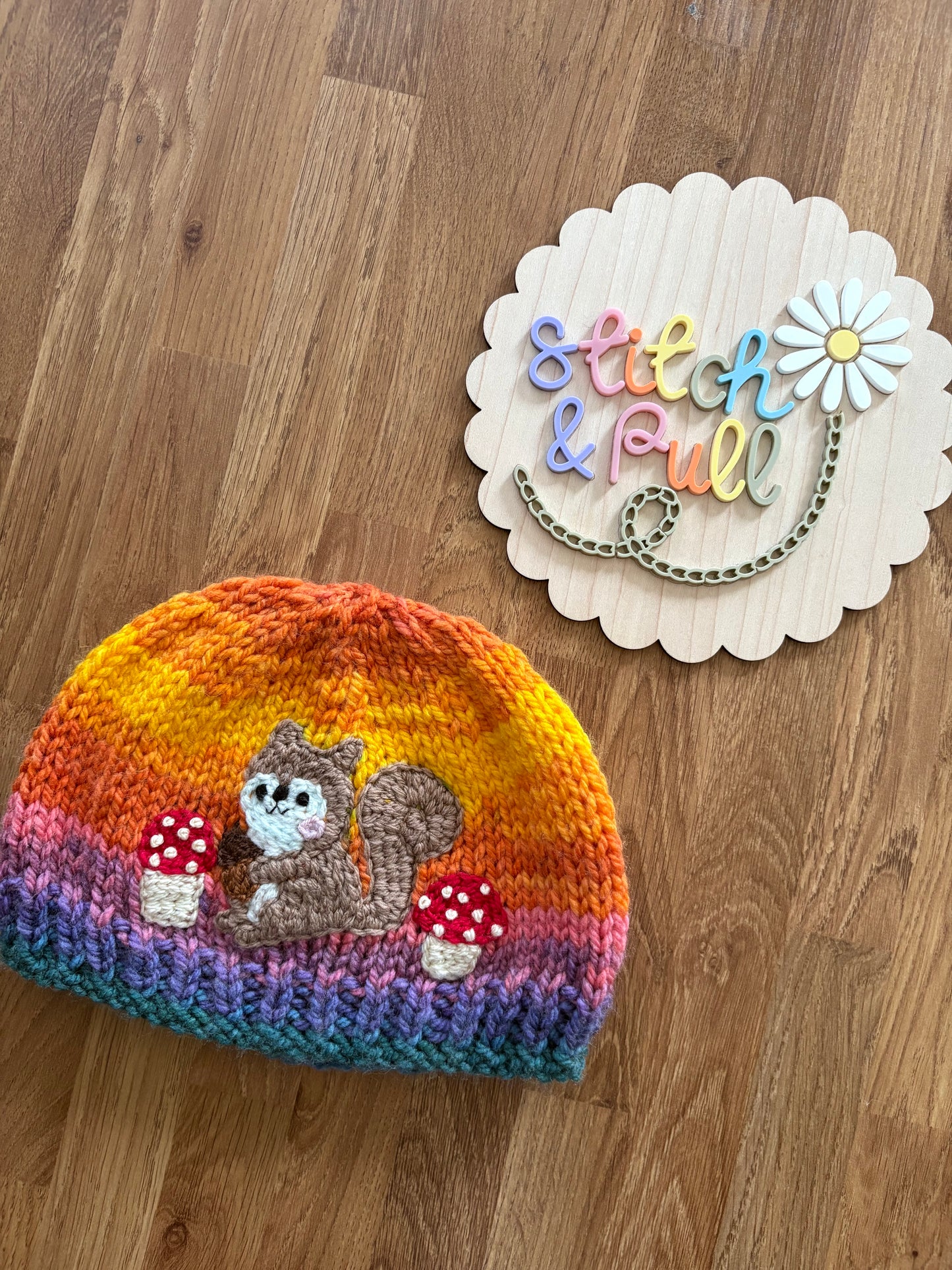 Pre-made Knitted Autumn Squirrel Hat - Size 12-18 months
