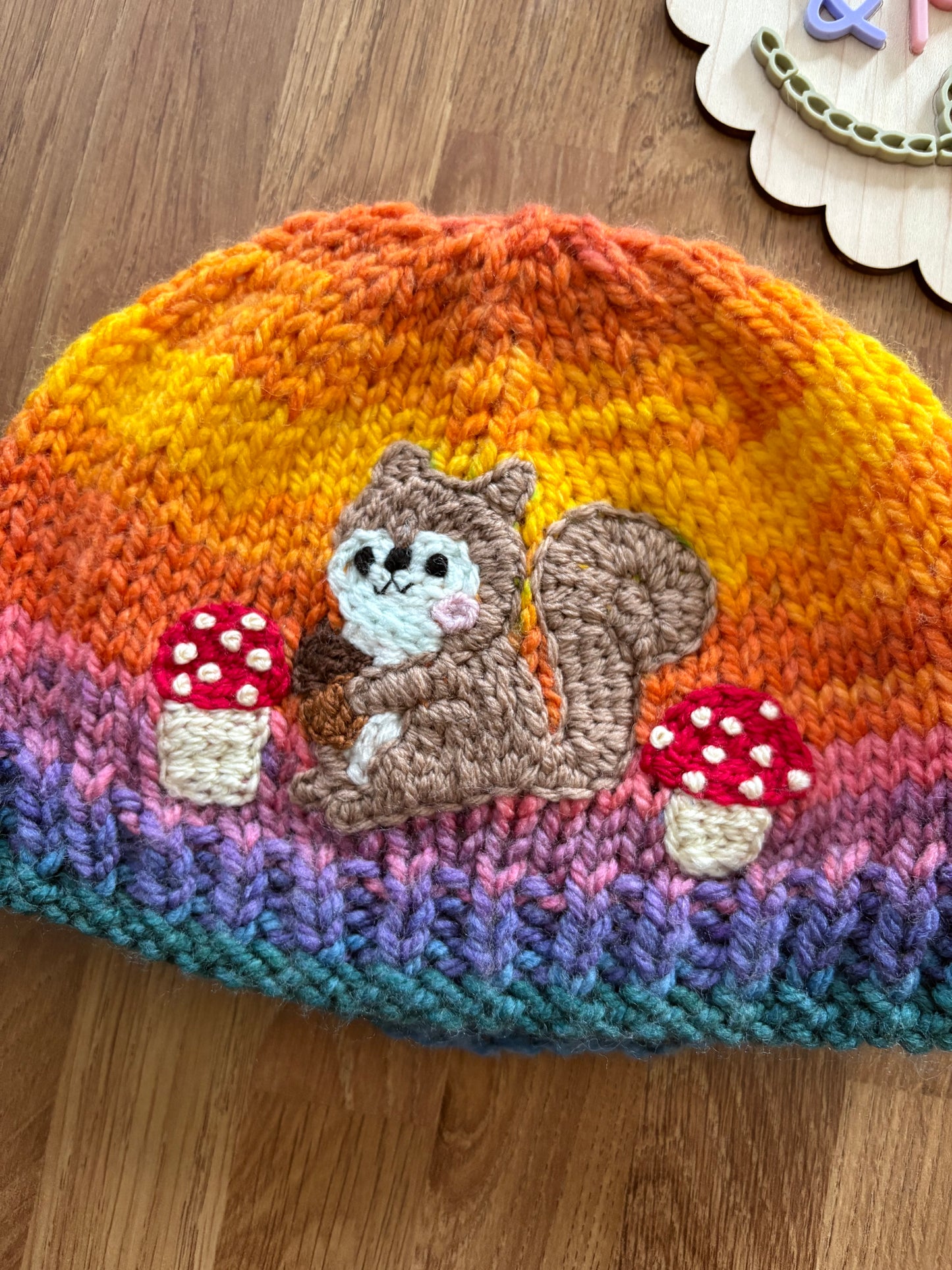 Pre-made Knitted Autumn Squirrel Hat - Size 12-18 months