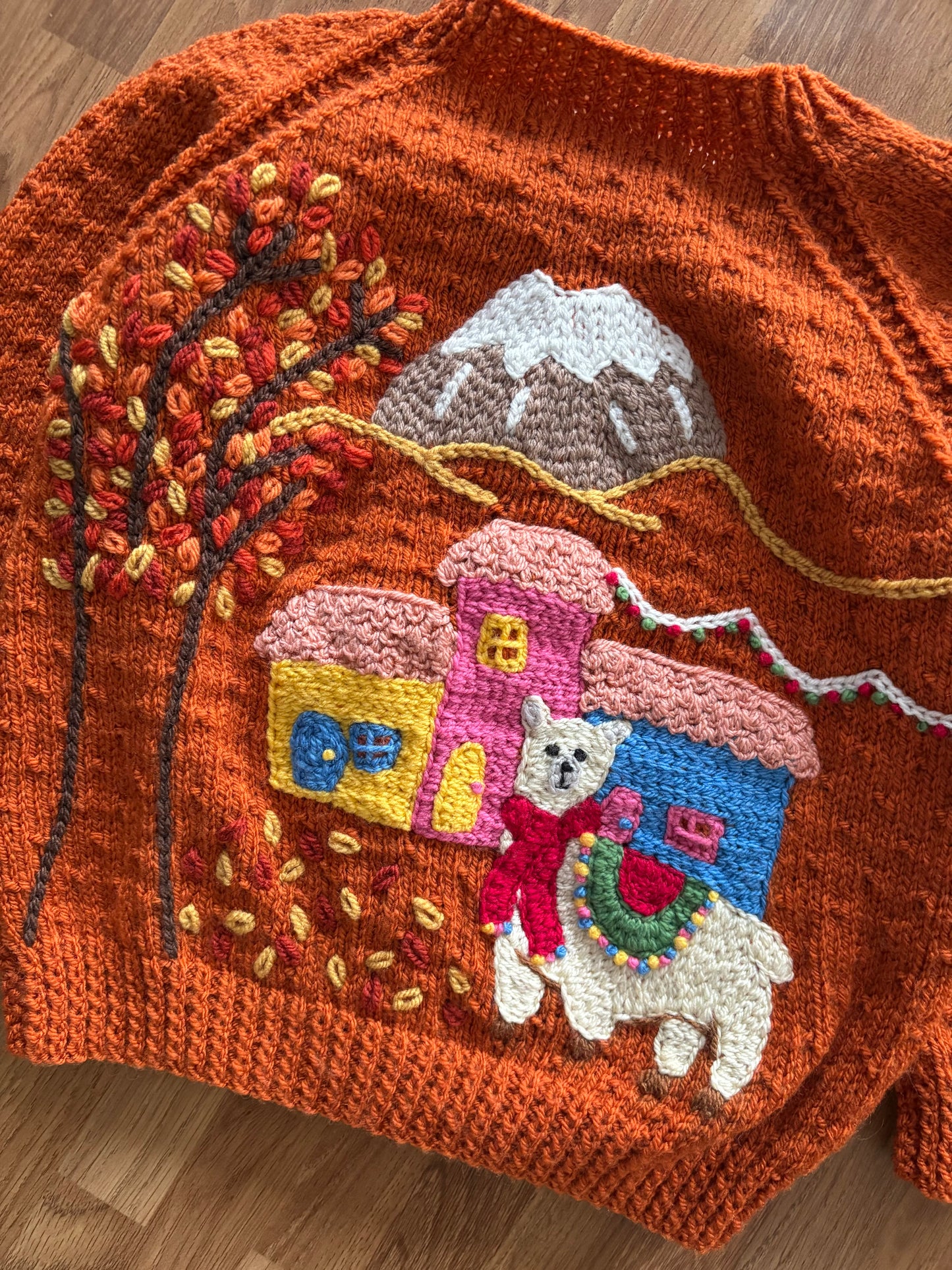 Pre-made Knitted Rust Autumn Llama Cardigan - Size 2-3 years