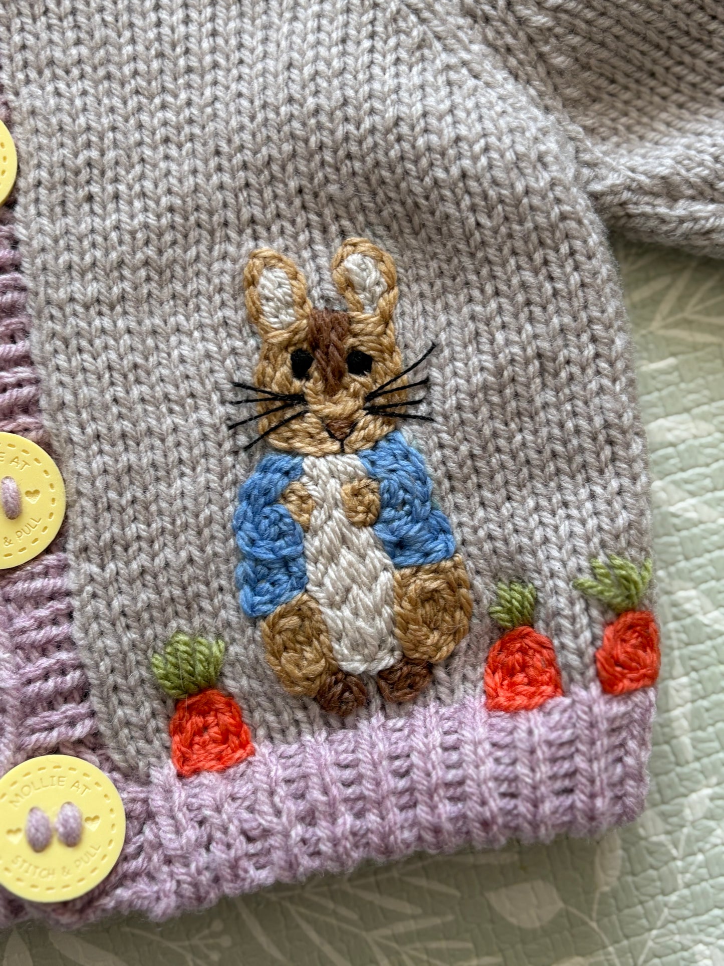 Pre-made Knitted Beatrix Potter Grey Cardigan - Size 0-6 months