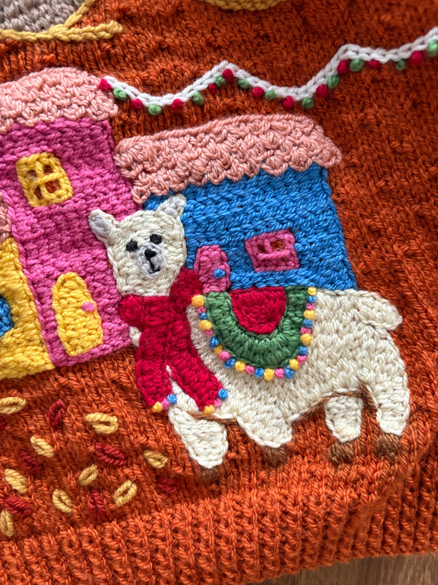 Pre-made Knitted Rust Autumn Llama Cardigan - Size 2-3 years