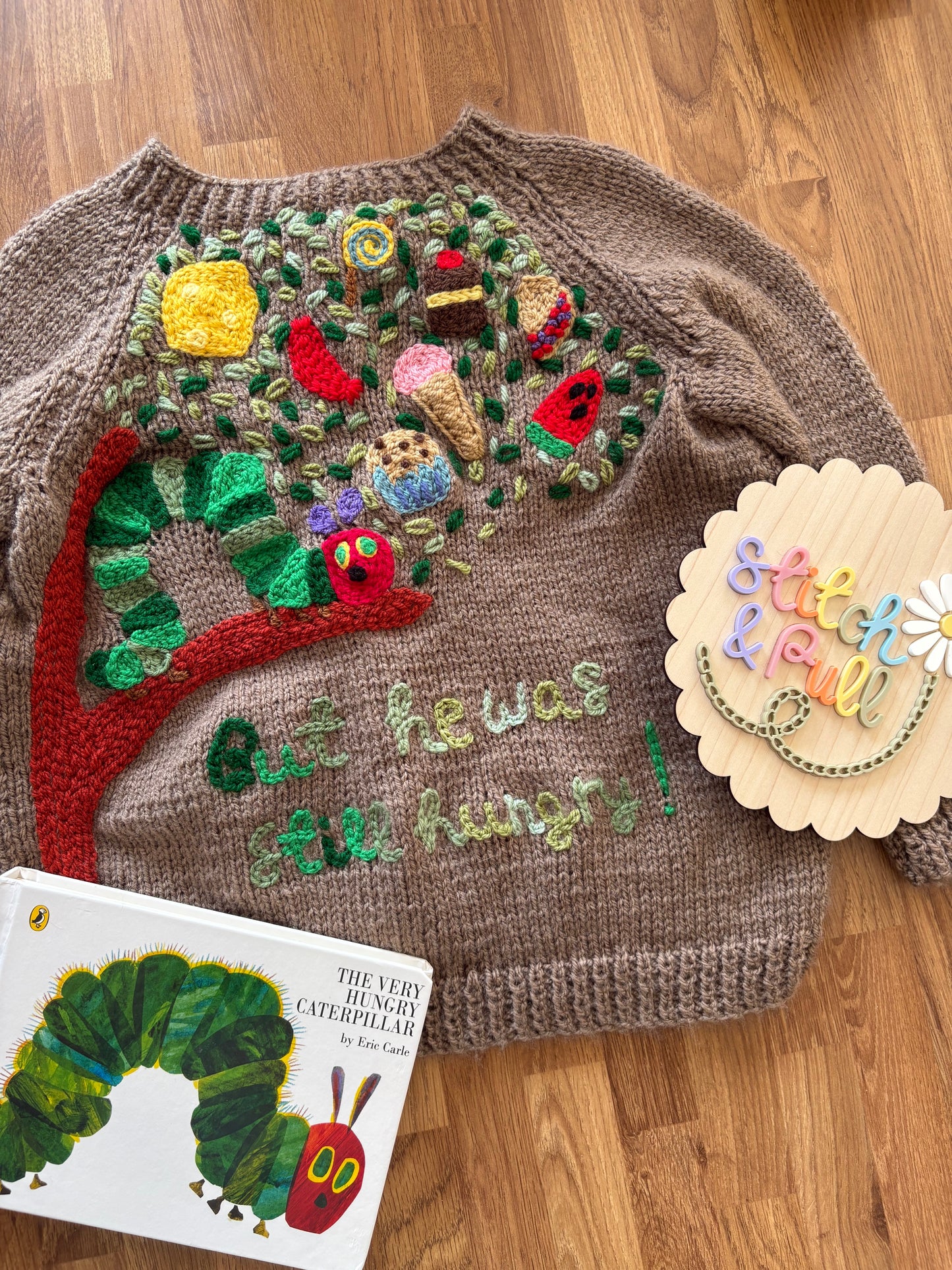 Pre-made Knitted Hungry Caterpillar picnic Cardigan - Size 3-4 years