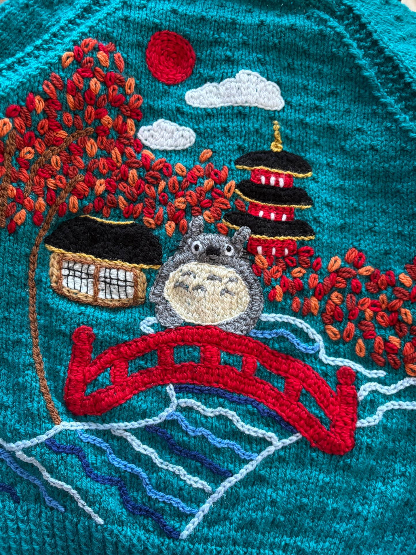 Pre-made Knitted Blue Autumn Totoro Cardigan - Size 3-4 years
