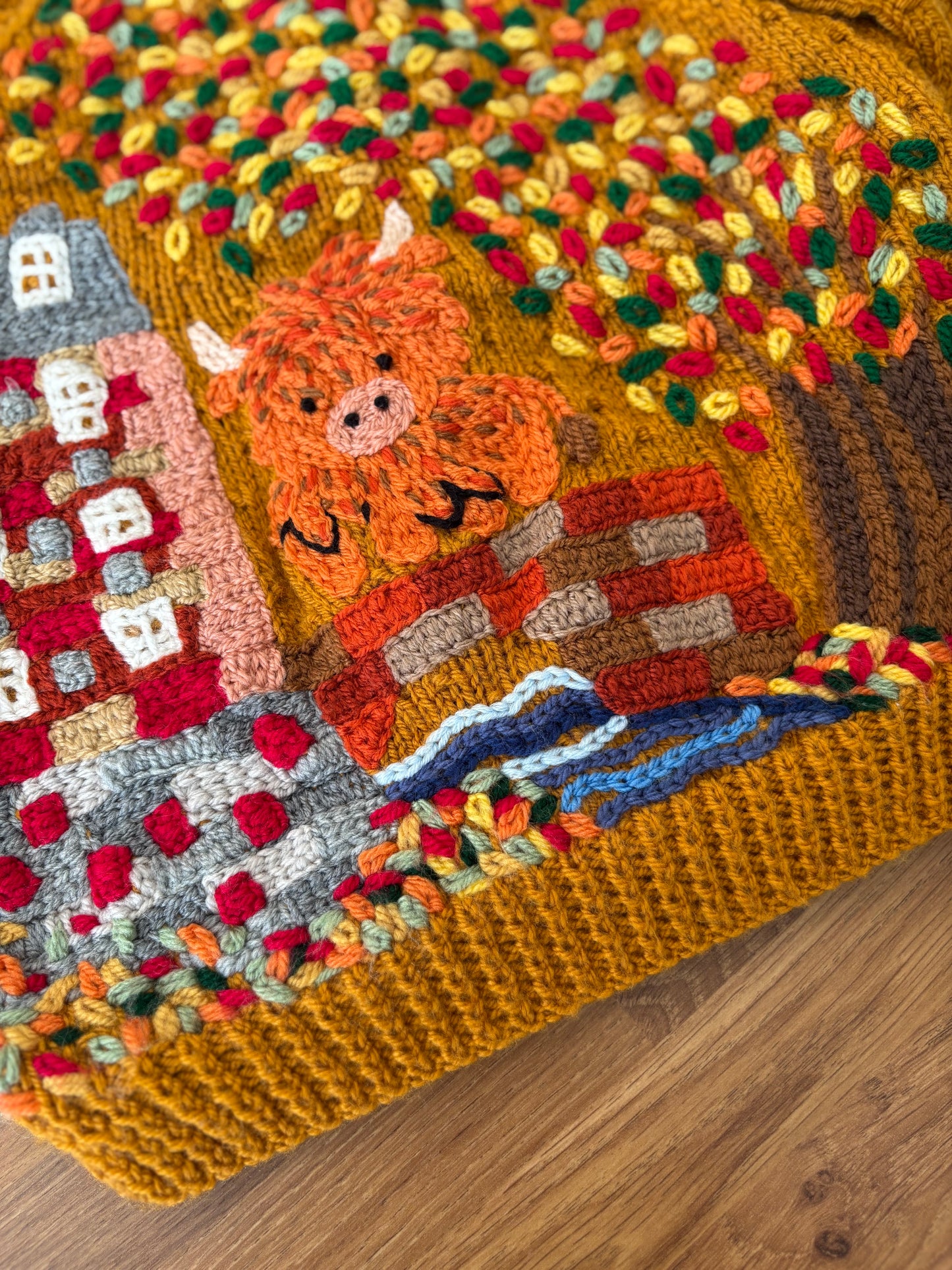 Pre-made Knitted Mustard Autumn Highland Cow Cardigan - Size 18-24 months