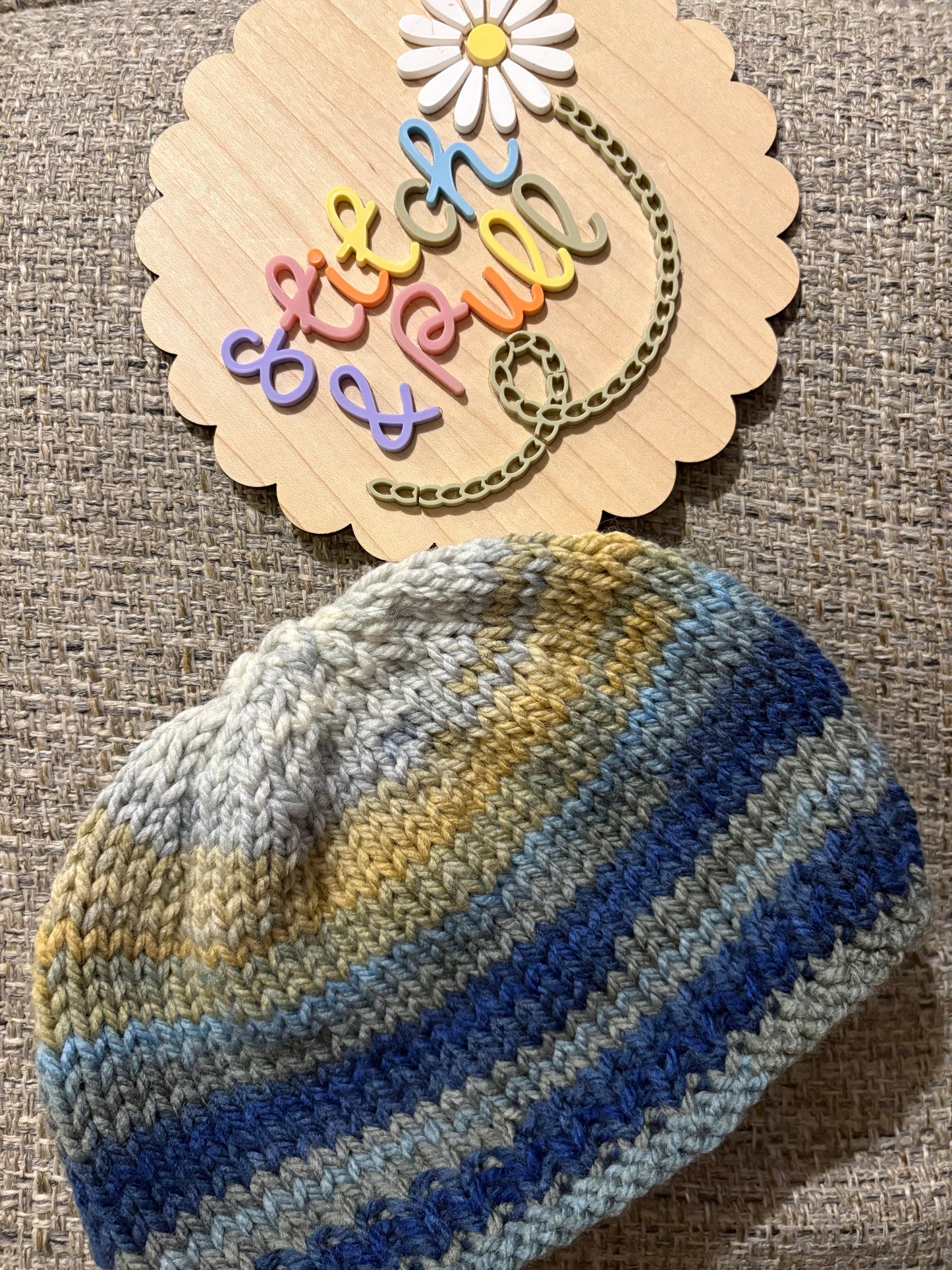 Personalisable knits - 2-3 years yellow/blue/grey hat
