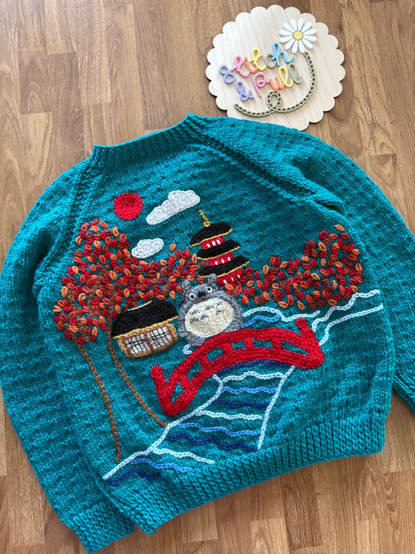 Pre-made Knitted Blue Autumn Totoro Cardigan - Size 3-4 years