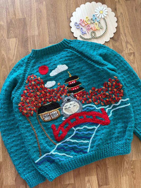 Pre-made Knitted Blue Autumn Totoro Cardigan - Size 3-4 years