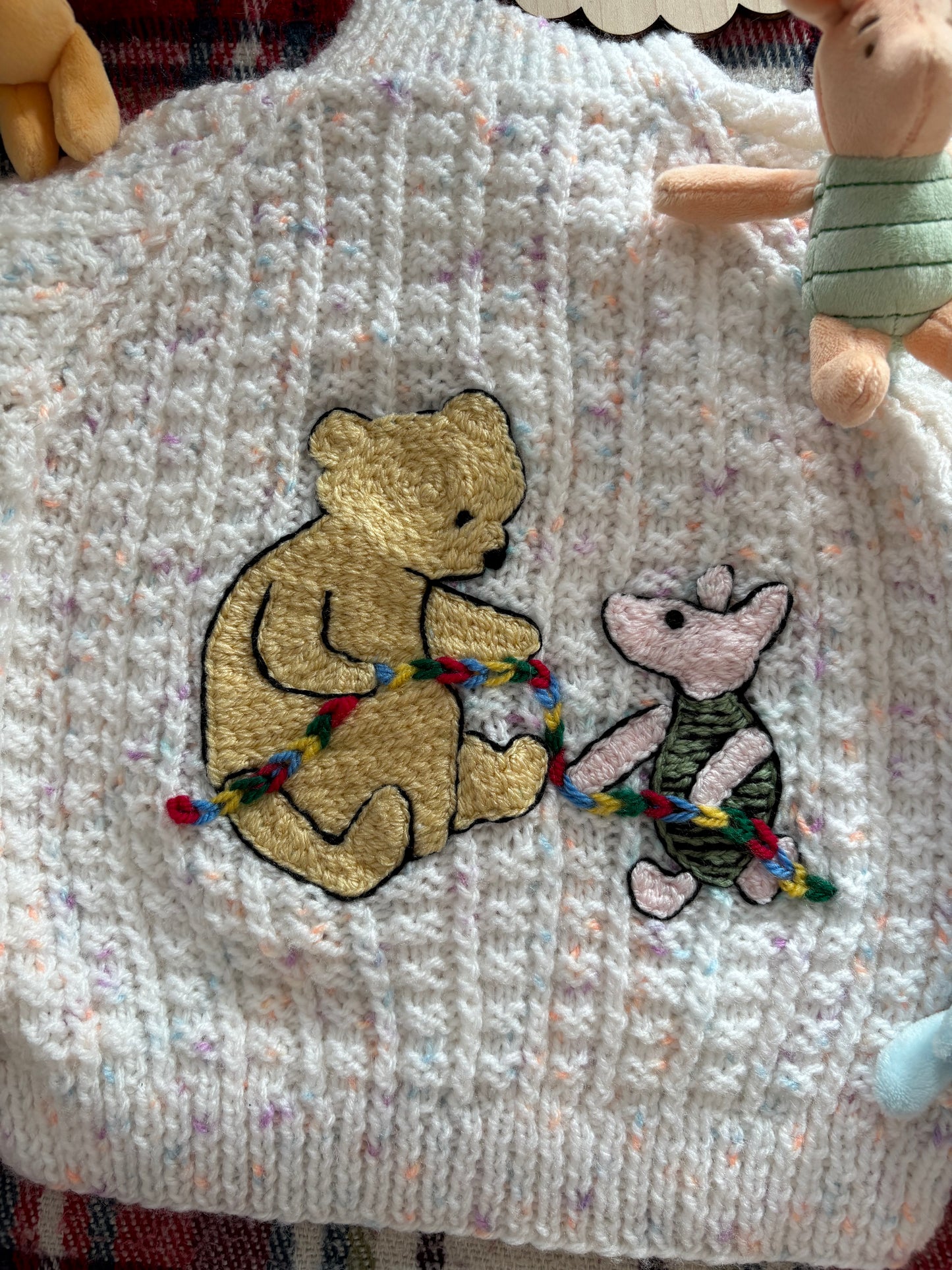 Pre-made Knitted Christmas White Fleck Cardigan with Winnie the Pooh and Piglet - Size 9-12 months