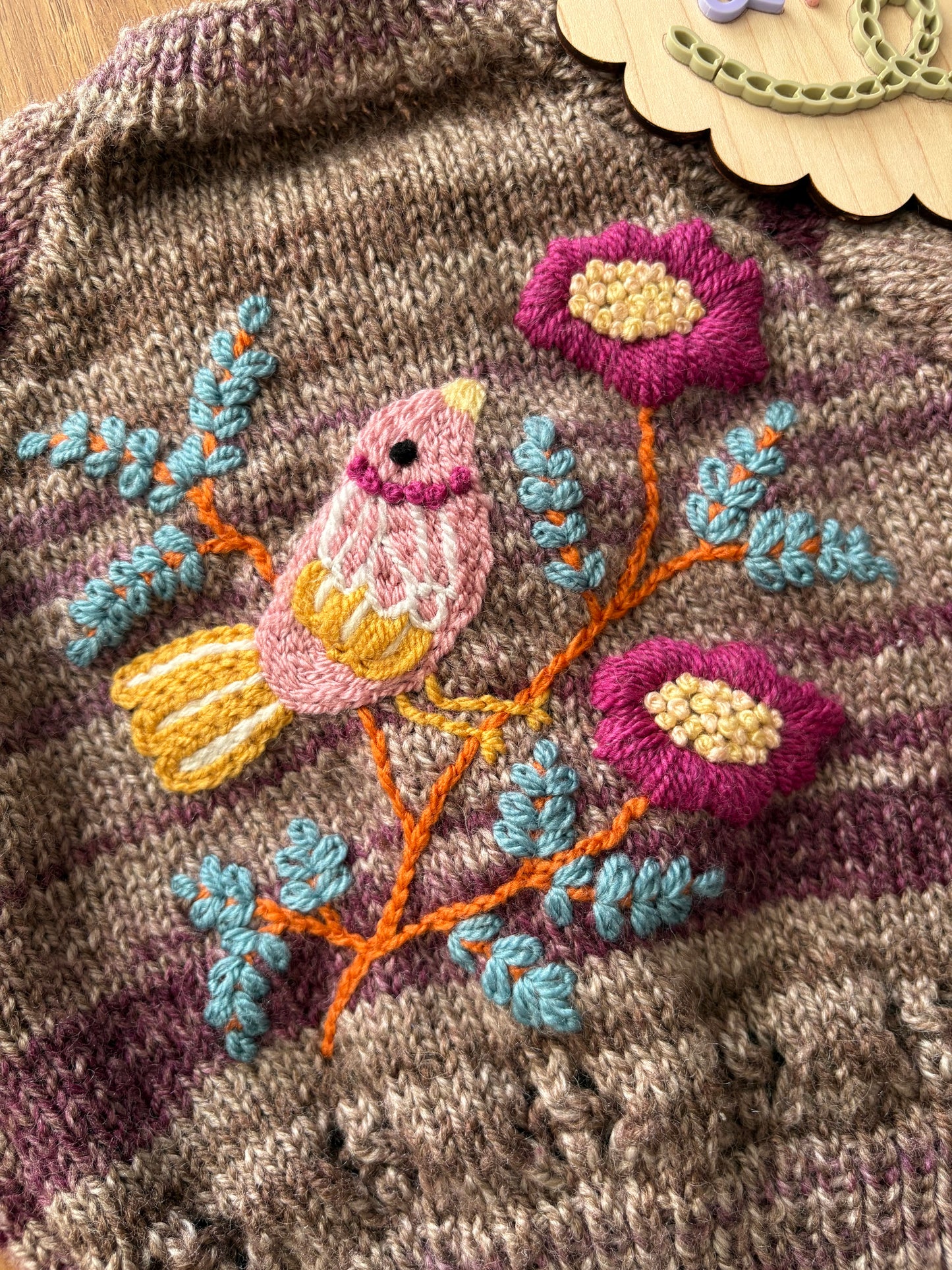 Pre-made Knitted Purple/Brown mix Bird and Flowers Cardigan - Size 9-12 months