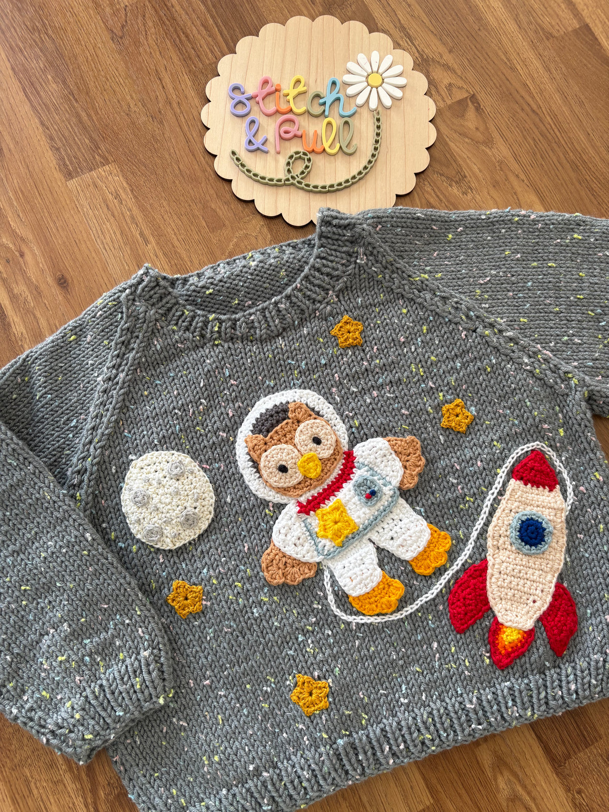 Pre-made Knitted & Crocheted Jumper - Oliver Owl the Astronaut - age 1-2 years