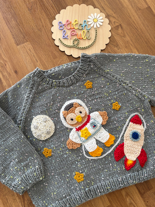 Pre-made Knitted & Crocheted Jumper - Oliver Owl the Astronaut - age 1-2 years