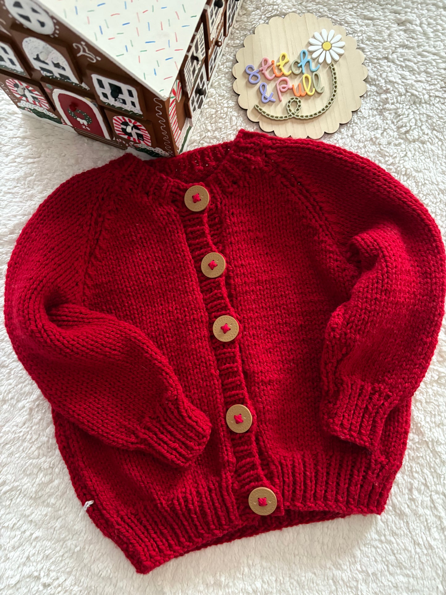 Pre-made Knitted Christmas Chunky Red Cardigan with Gruffalo Christmas Tree Scene - Size 2-4 years