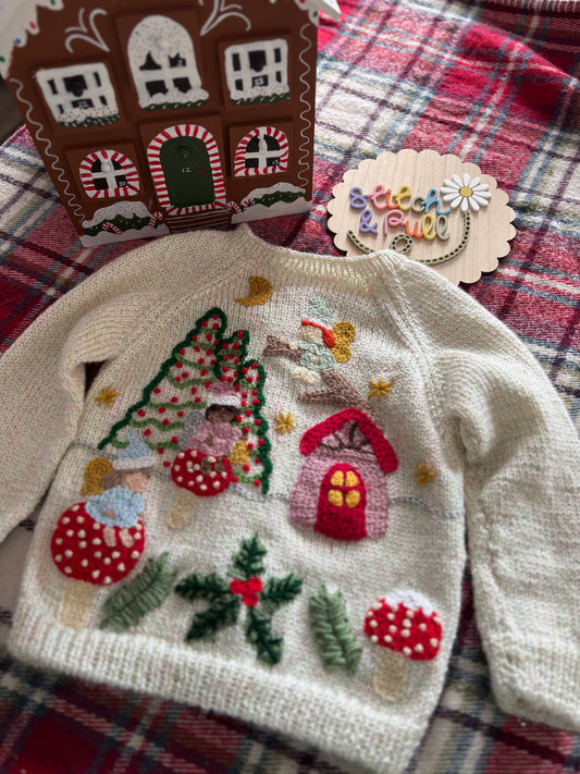 Pre-made Knitted Christmas Cream Sparkle Cardigan with Fairy Forest scene - Size 1-2 years