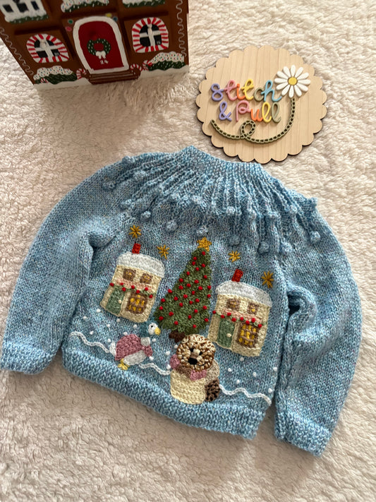 Pre-made Knitted Blue Sparkle Christmas Cardigan with Beatrix Potter Christmas Scene - Size 12-18 months