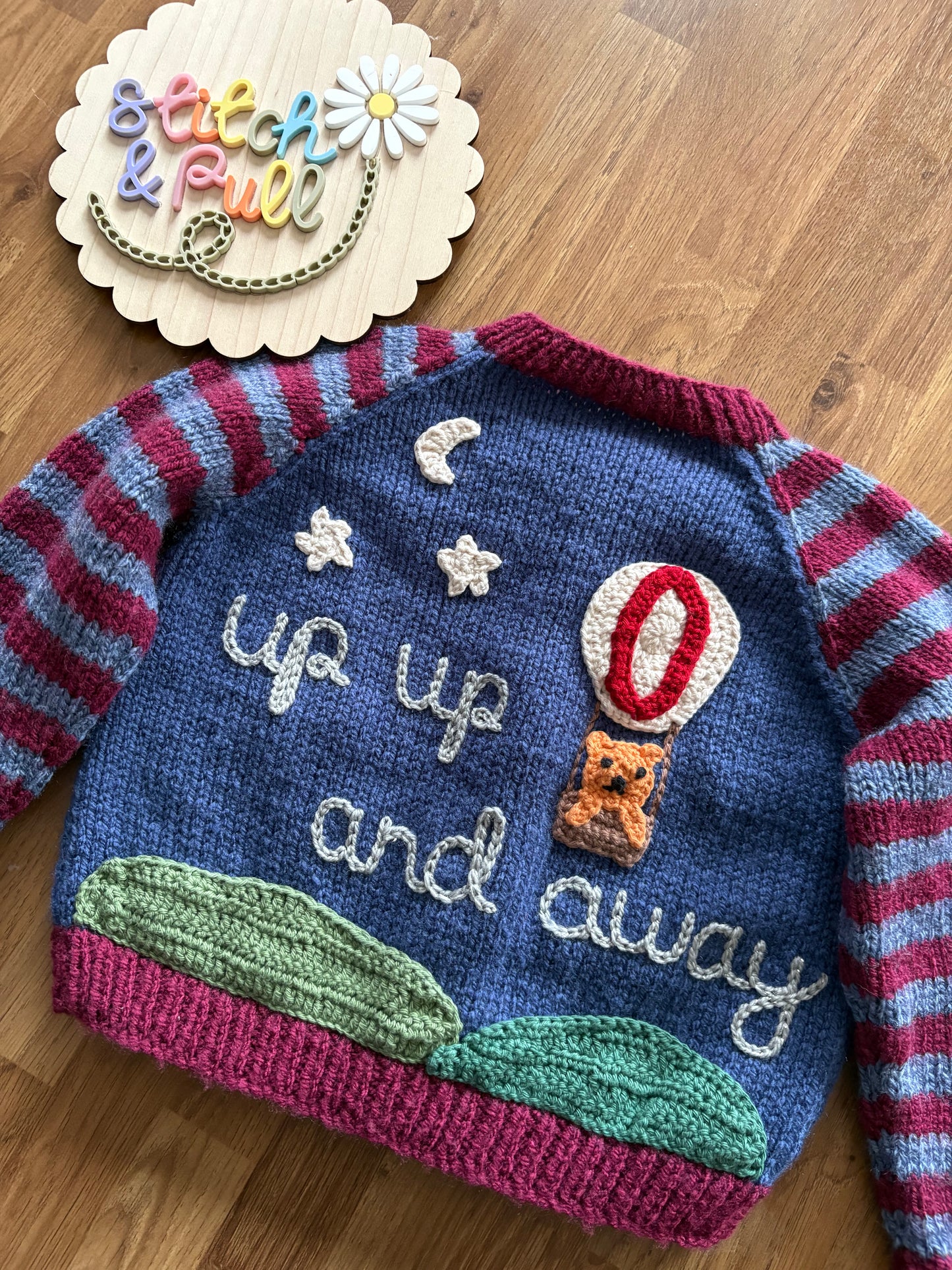 Pre-made Knitted Blue and Maroon stripe Cardigan with hot air balloon design - Size 12-18 months