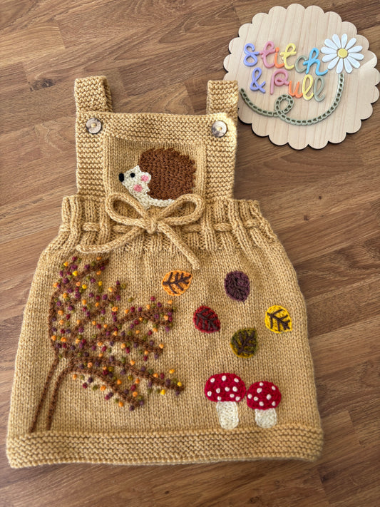 Pre-made Knitted Mustard Autumn Hedgehog Pinafore Dress - Size 3-6 months