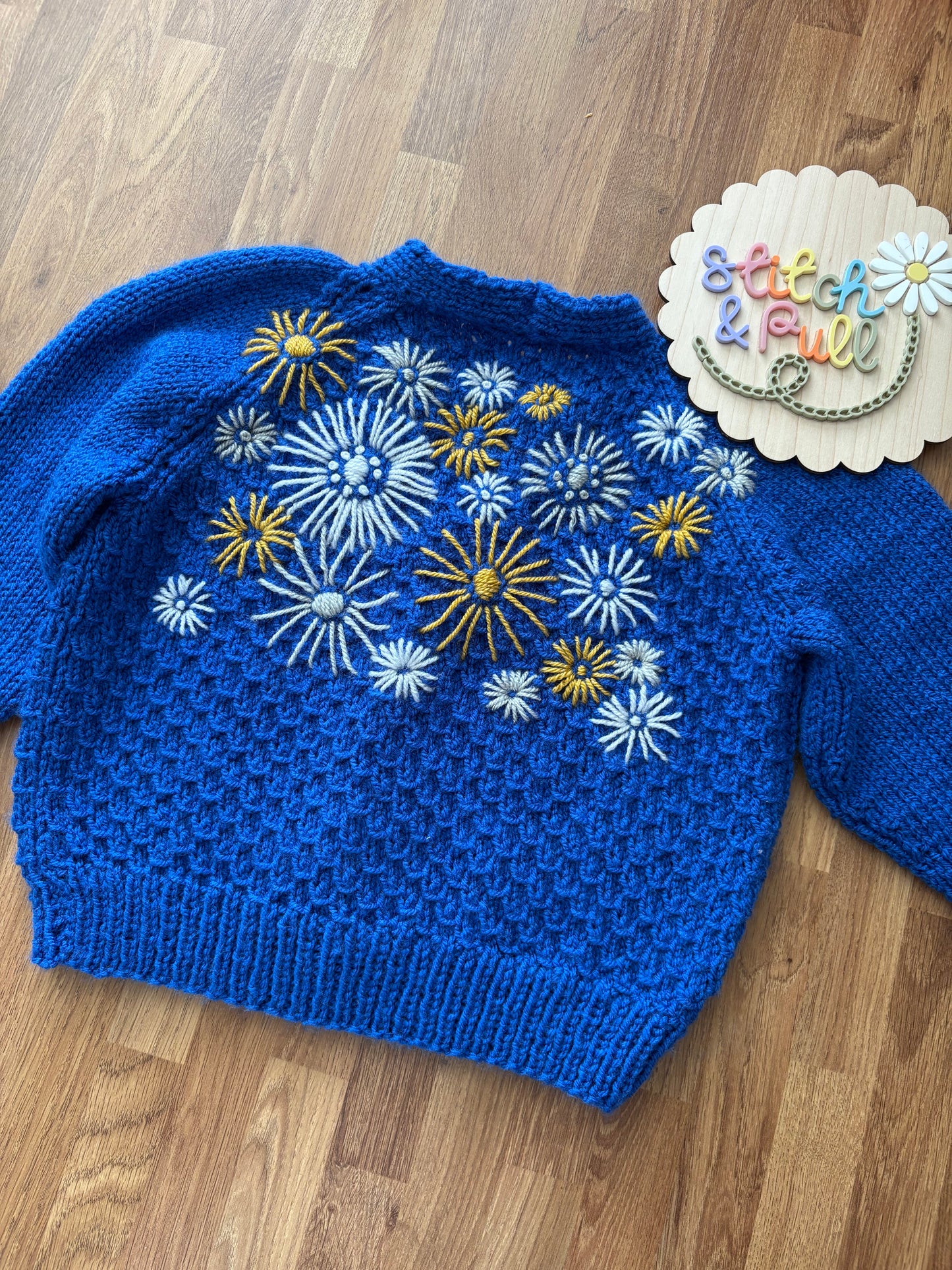 Pre-made Knitted Blue Cardigan with fireworks embroidery - Size 3-4 years